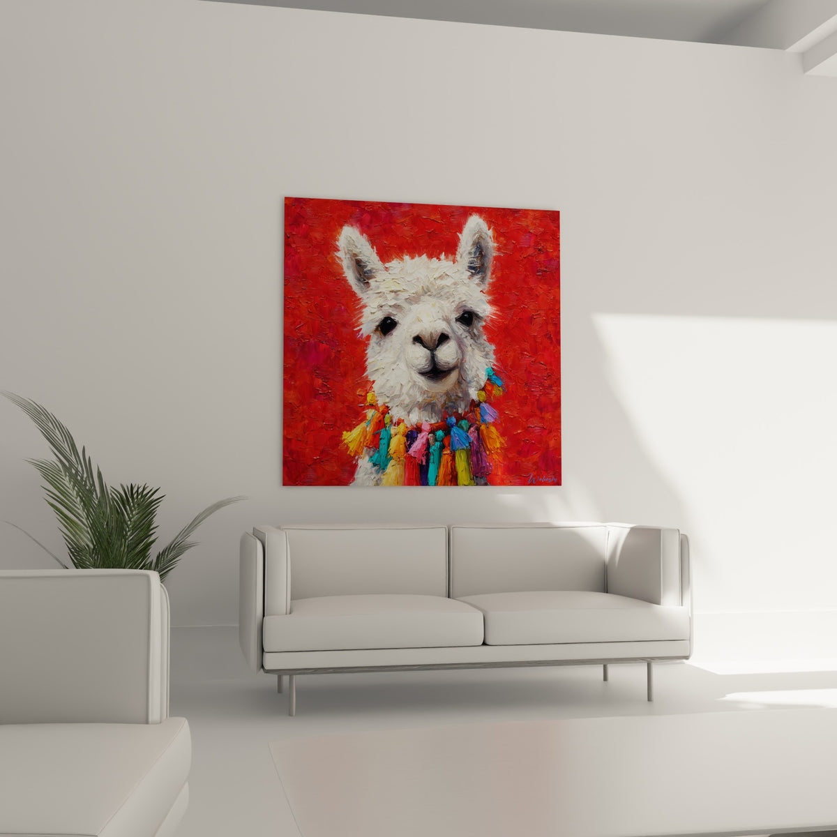 Visage de lama peint au couteau, blanc et rouge vif, au-dessus d'un canapé dans un salon lumineux