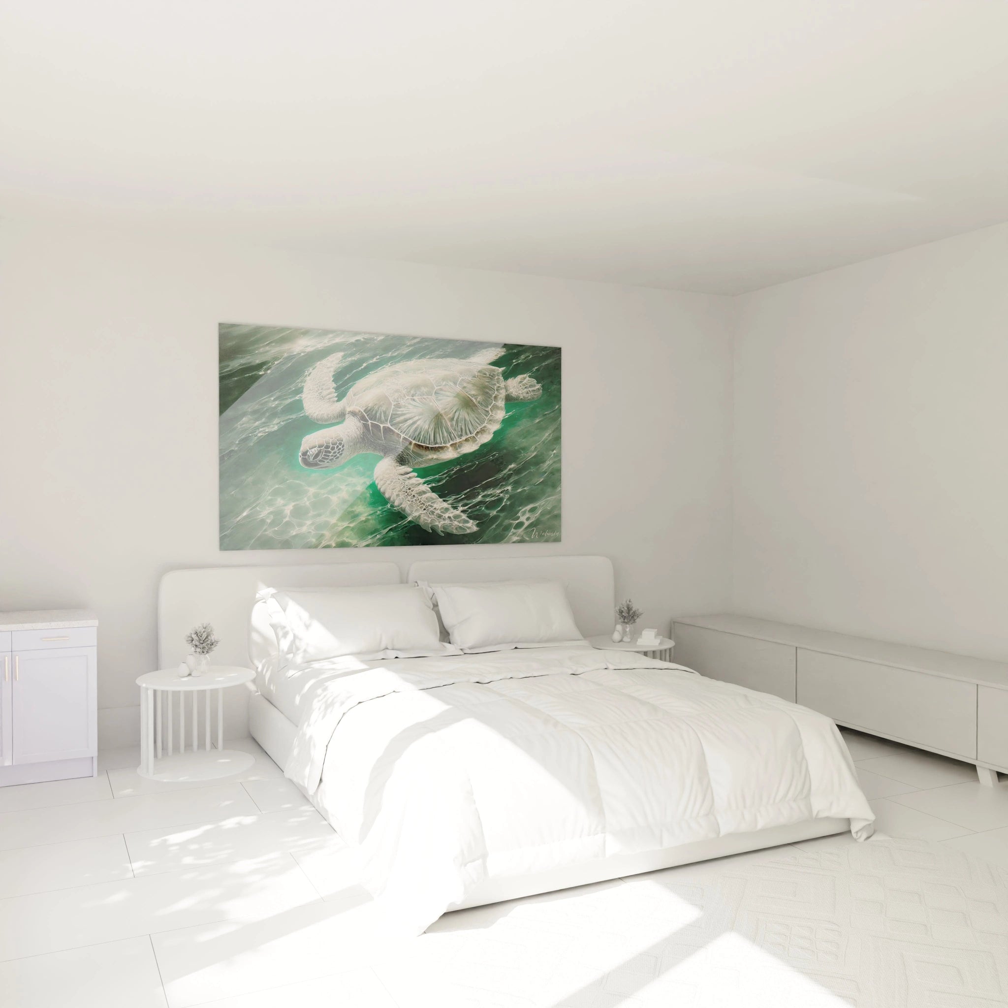 Accroché au-dessus du lit dans une chambre, ce tableau tortue de mer ajoute une ambiance relaxante et apaisante. L’œuvre évoque la légèreté et la sérénité de l'océan, parfaite pour un espace de repos.