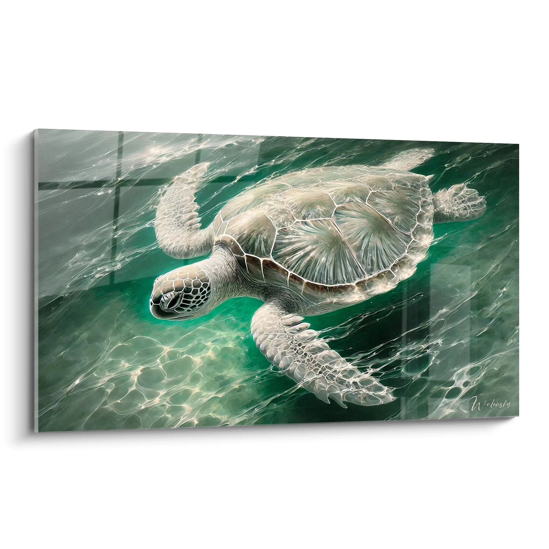 Admirez le tableau tortue de mer, une œuvre captivante vue de biais. Les détails de la carapace et les reflets aquatiques apportent profondeur et sérénité à cette scène d’océan tropical.