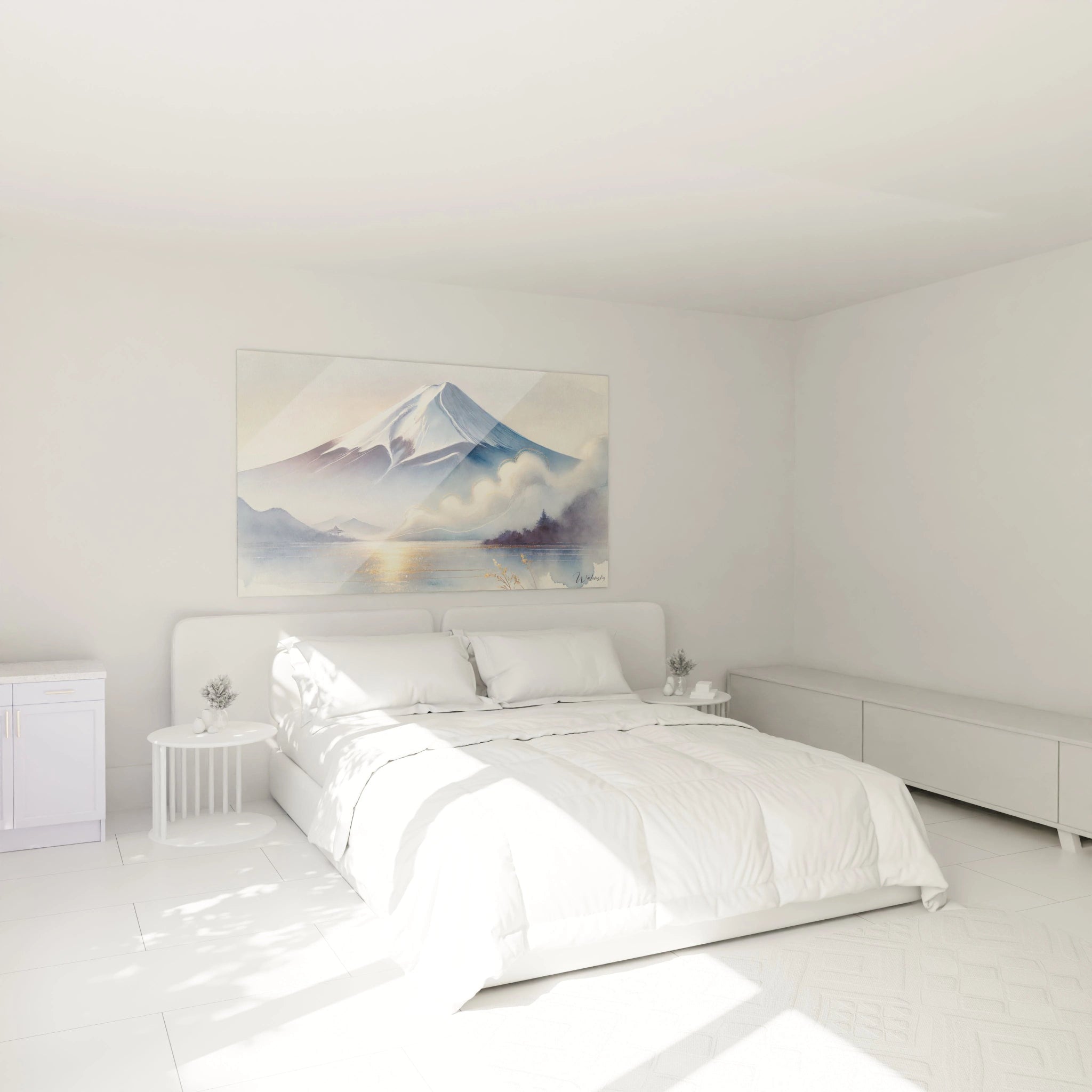 Dans cette chambre, le tableau mont fuji au-dessus du lit apporte une atmosphère de calme et de renouveau. Les nuances de bleu et d’or illuminent l’espace d’un souffle zen japonais.