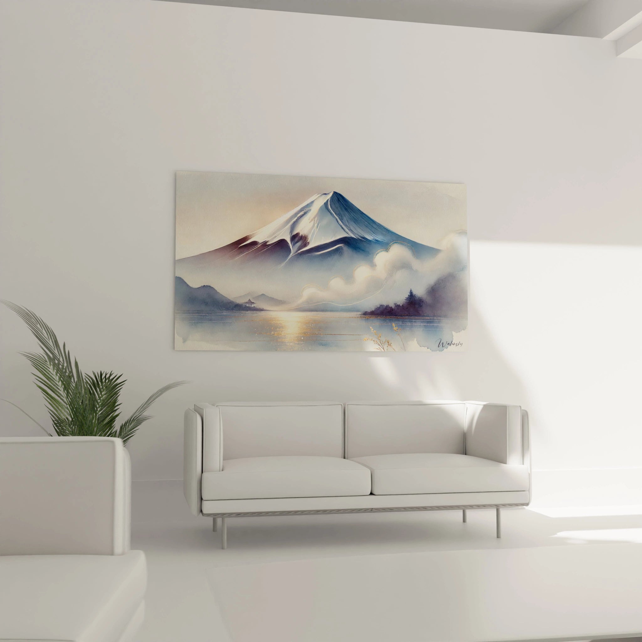 Le tableau mont fuji sur le mur du salon ajoute une touche de mystère. Ses nuances de gris et d’or et son style contemporain enrichissent le décor avec une profondeur spirituelle.