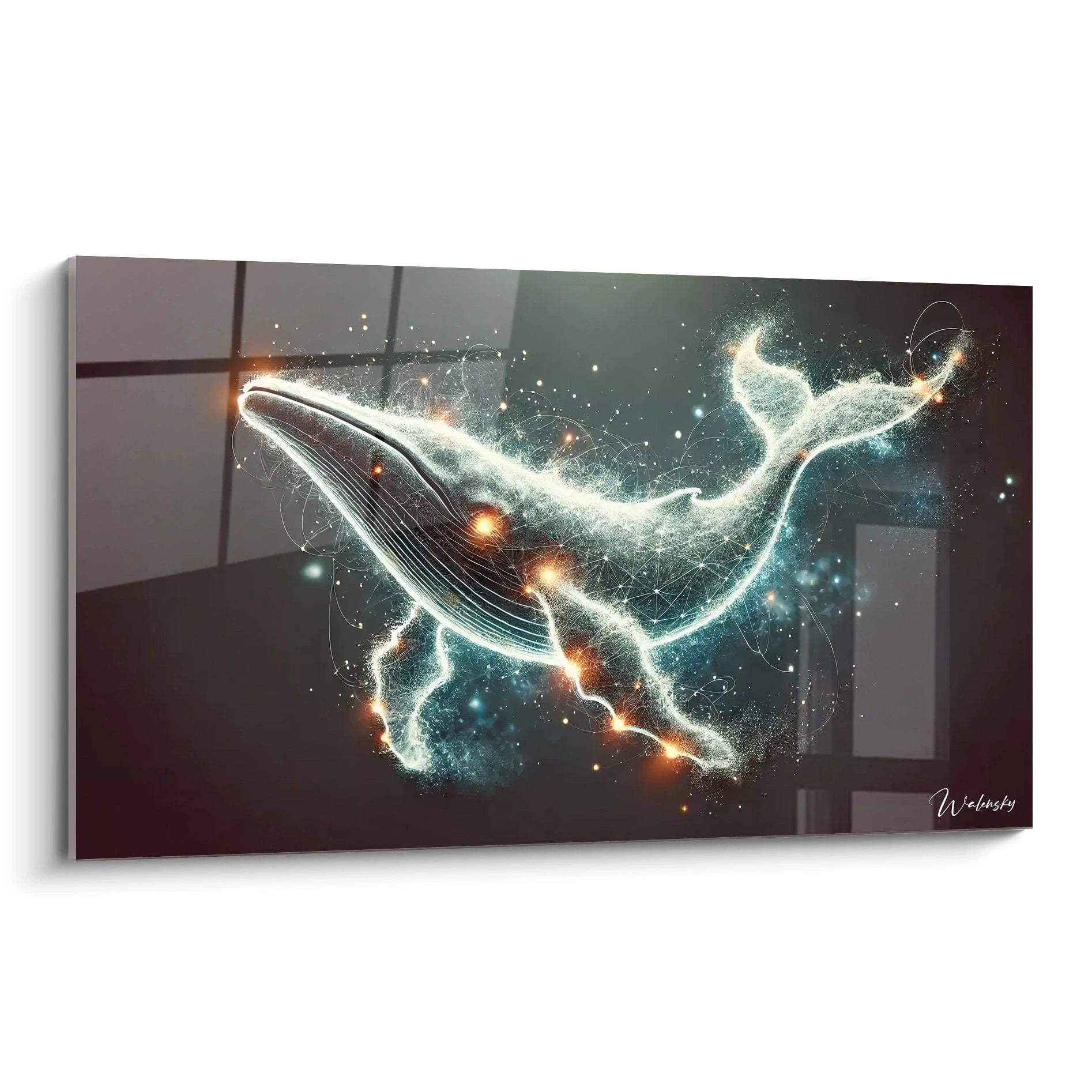 Ce tableau baleine stylisé, vu de biais, capture la magie de l'océan avec ses lignes lumineuses et ses teintes d'argent et d'orange. Une œuvre parfaite pour ajouter une touche contemporaine à votre intérieur.