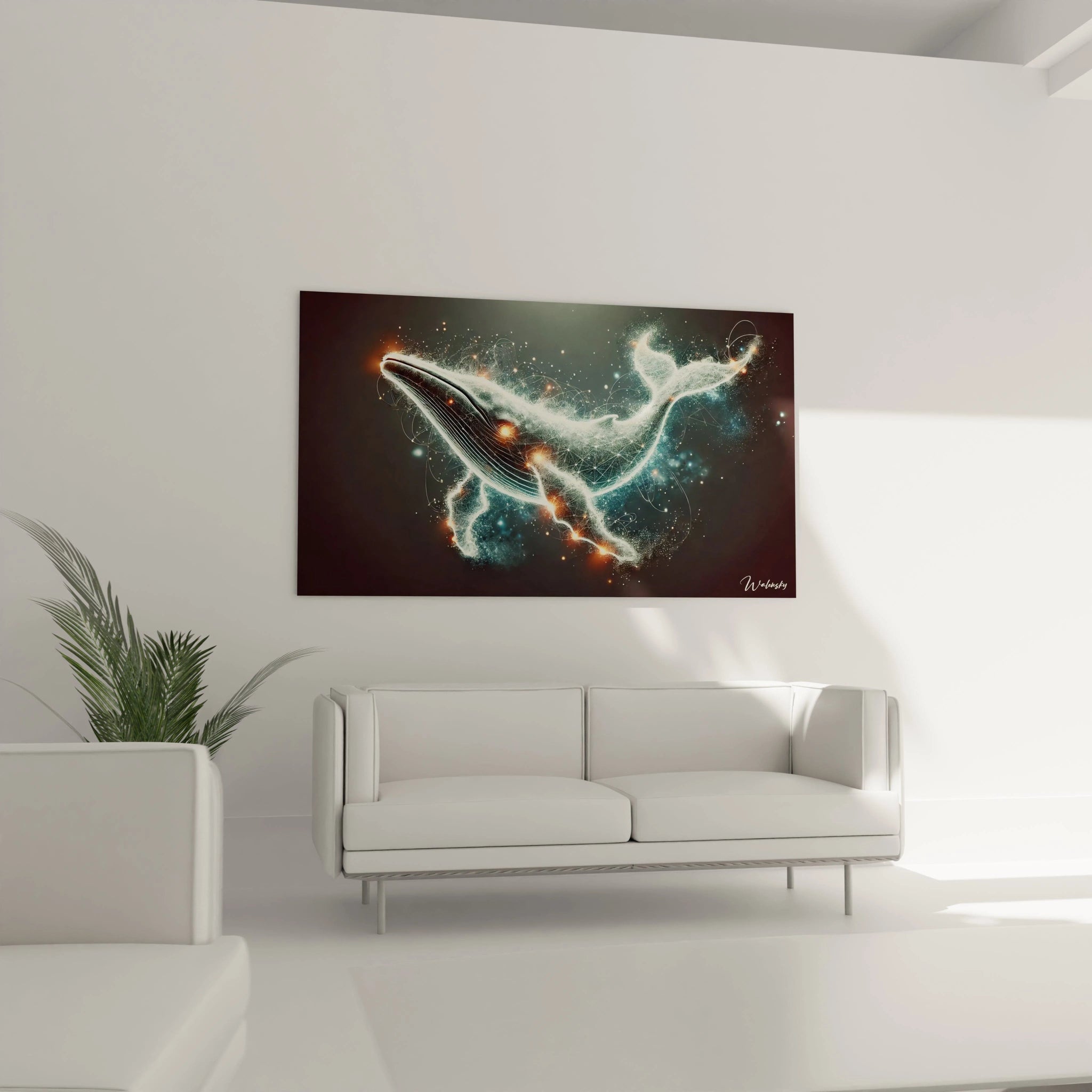 Accroché dans un salon, ce tableau baleine transforme votre espace avec sa composition moderne et ses éclats lumineux. L'équilibre entre océan et univers fantastique sublime tout type de décor.