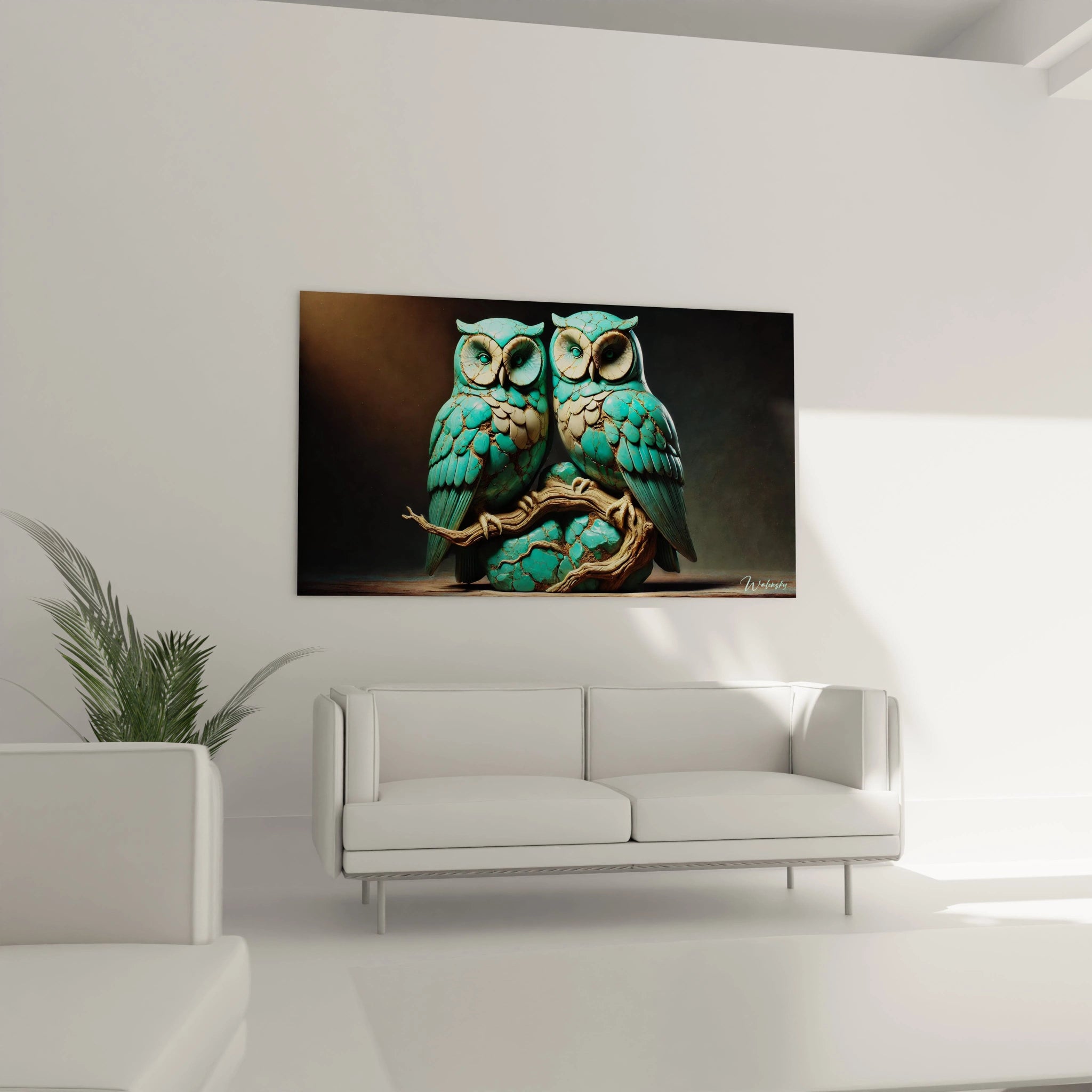 Ce tableau hibou, accroche dans le salon au dessus du canape, apporte une touche de nature avec ses hiboux sculptees. Ideal pour un decor eclectique et une ambiance conviviale.
