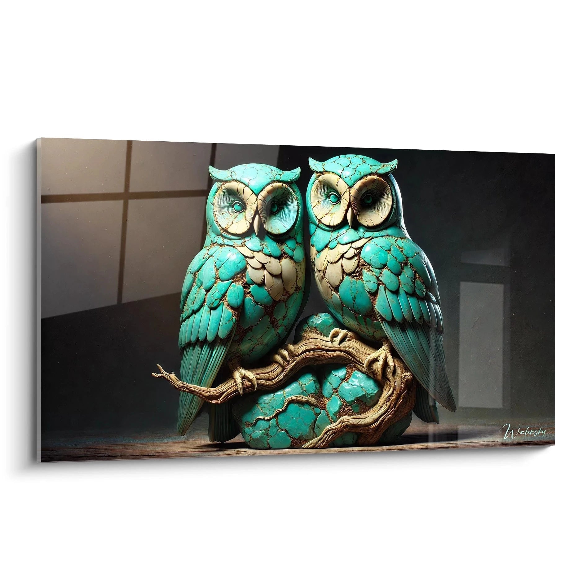 Ce tableau hibou unique avec ses nuances de bleu et beige ajoute une touche artistique apaisante a votre interieur, parfait pour une ambiance zen et naturelle.