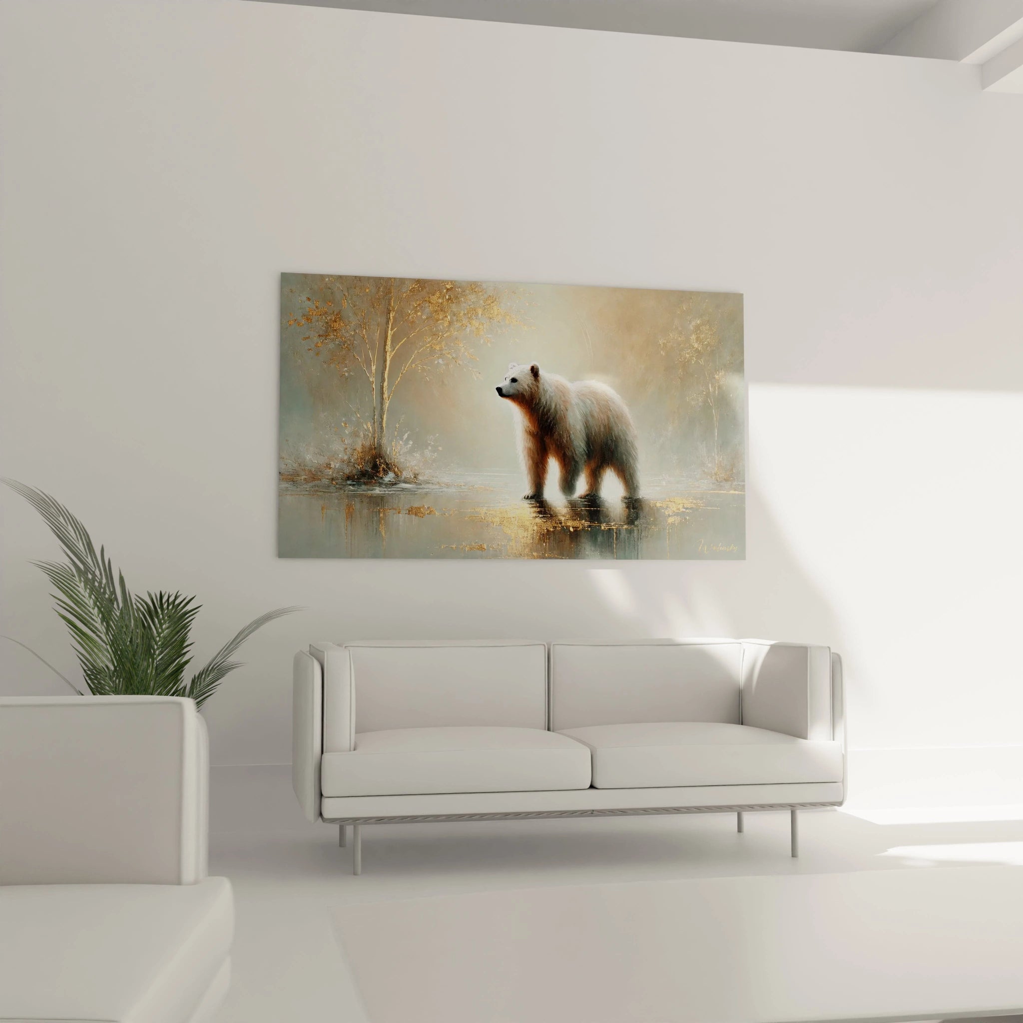 Le tableau ours brun sublime un salon moderne, suspendu au dessus du canapé. Sa presence renforce l harmonie et le confort de la piece.