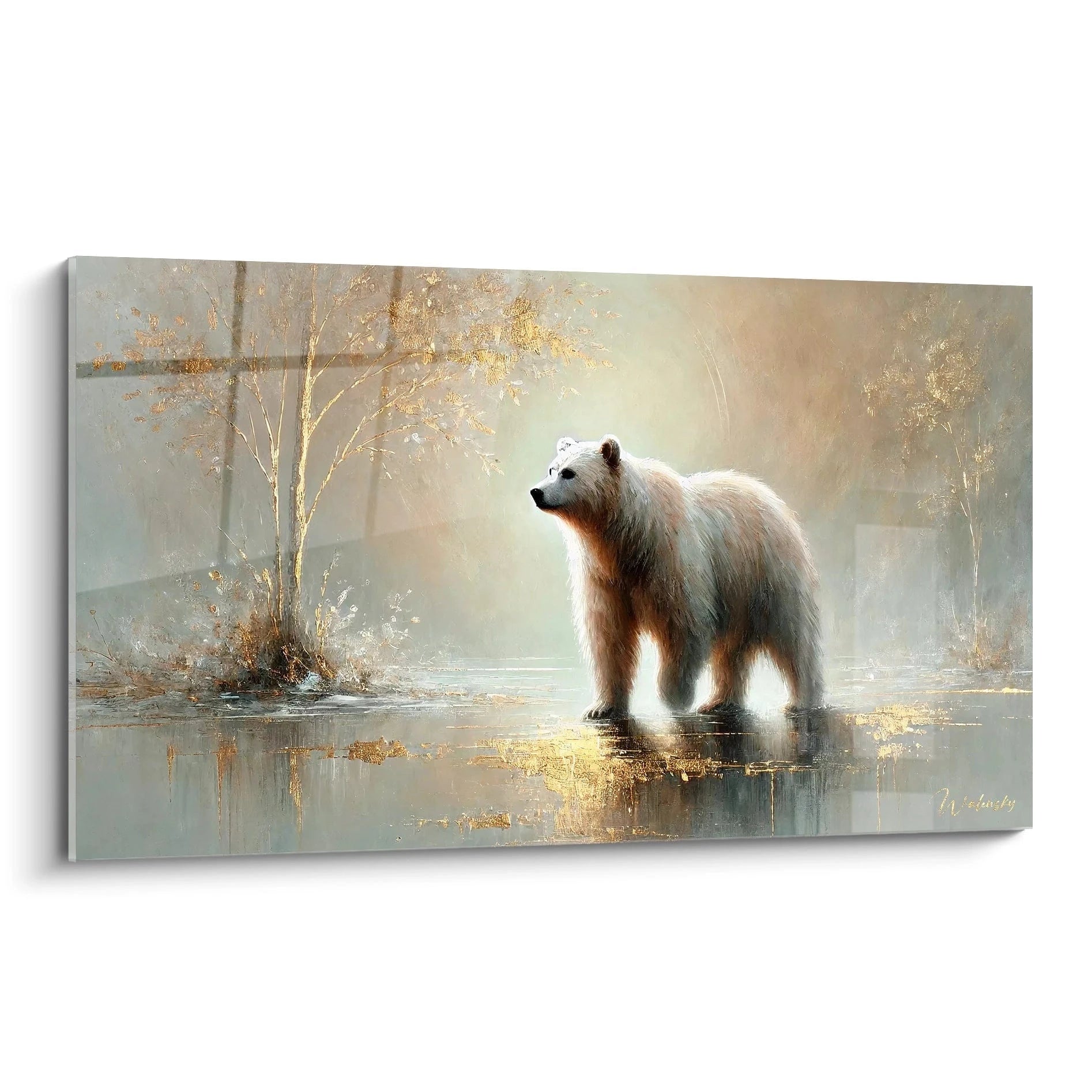 Vue de biais du tableau ours brun, evoquant mystere et serenite avec ses nuances subtiles. Un ajout elegant a toute collection d art naturel.