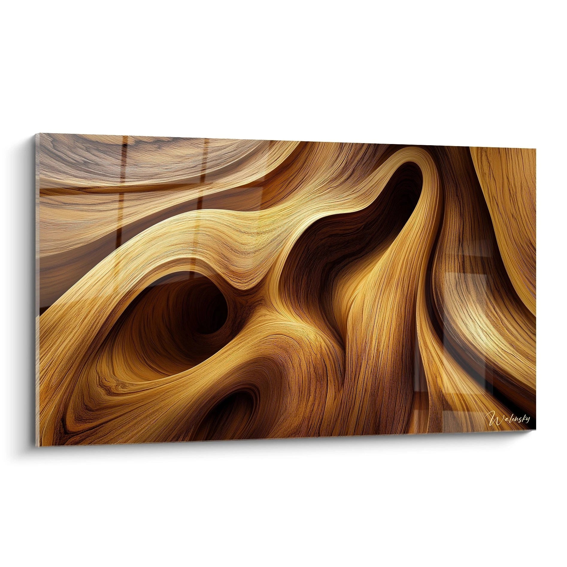 Un tableau texturé abstrait composé de courbes ondulées en tons marron, bronze et beige, évoquant des motifs boisés aux reliefs fluides.