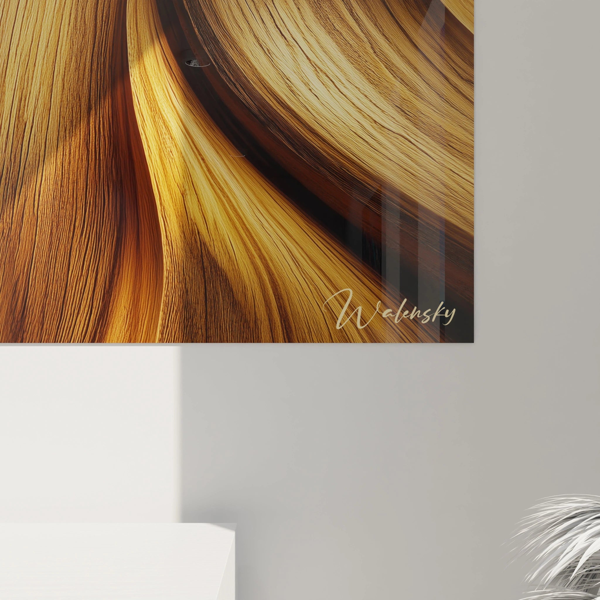 Un tableau artistique abstrait aux motifs boisés, avec des courbes fluides en marron, bronze et beige, offrant un rendu texturé et organique.