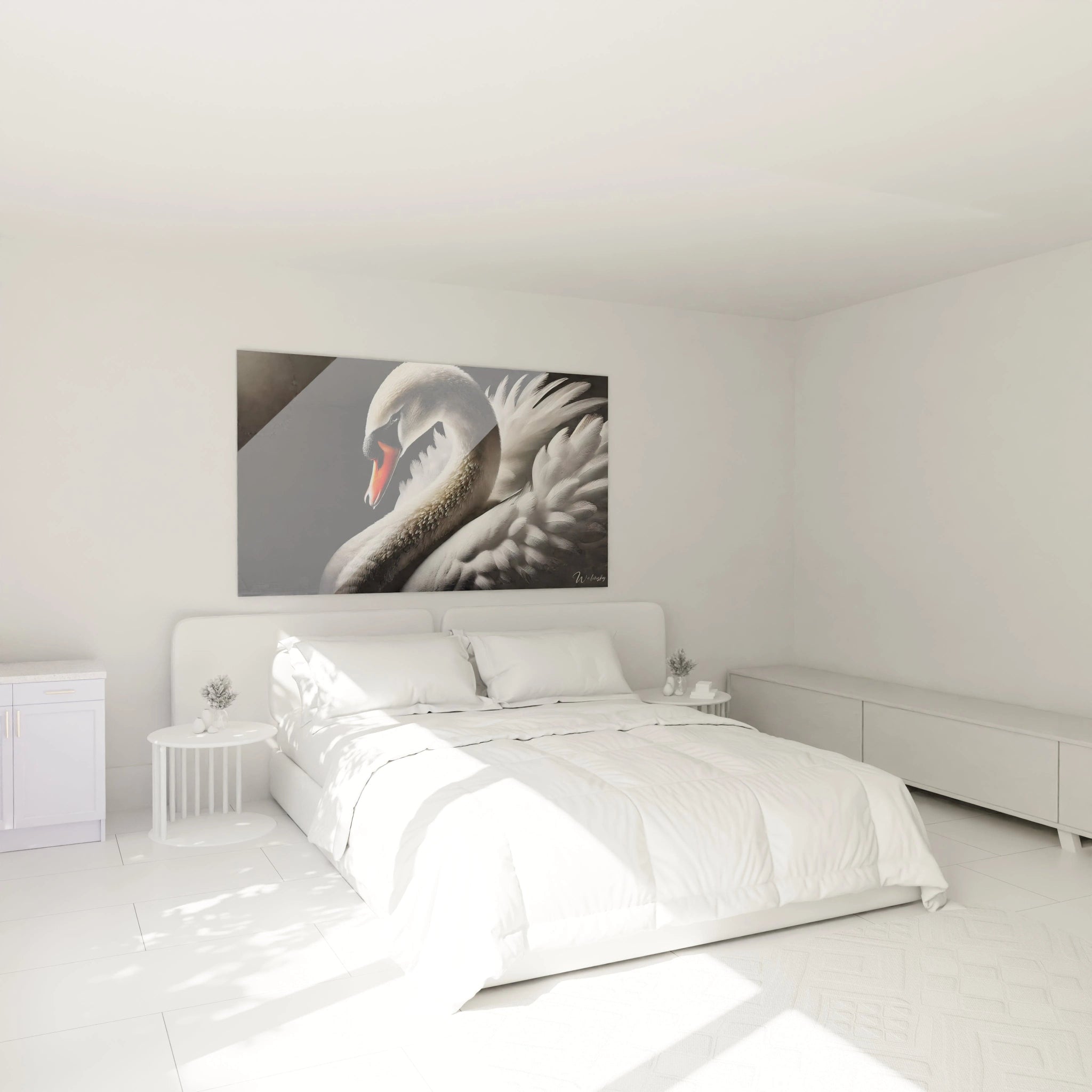 Dans cette chambre ce tableau cameleon au dessus du lit devient le point focal son fond noir minimaliste met en valeur les couleurs du cameleon parfait pour un interieur moderne et relaxant
