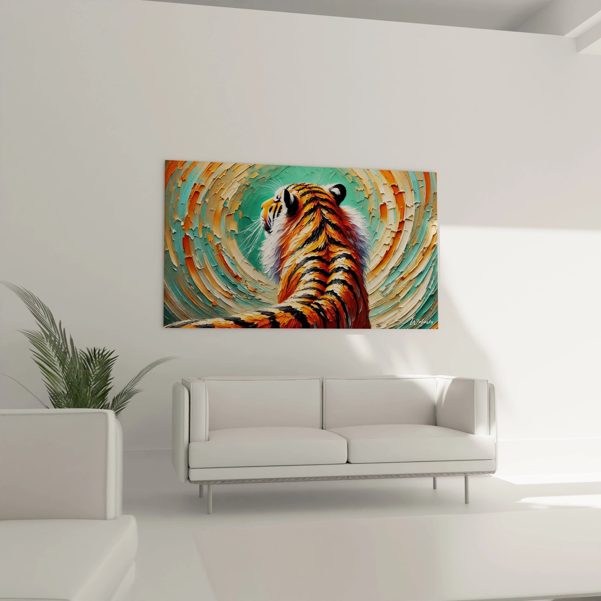 Le tableau tigre dans un salon apporte une touche de majesté au-dessus du canapé. Les couleurs vives et la texture réaliste donnent vie à la pièce, créant une atmosphère captivante et chaleureuse.