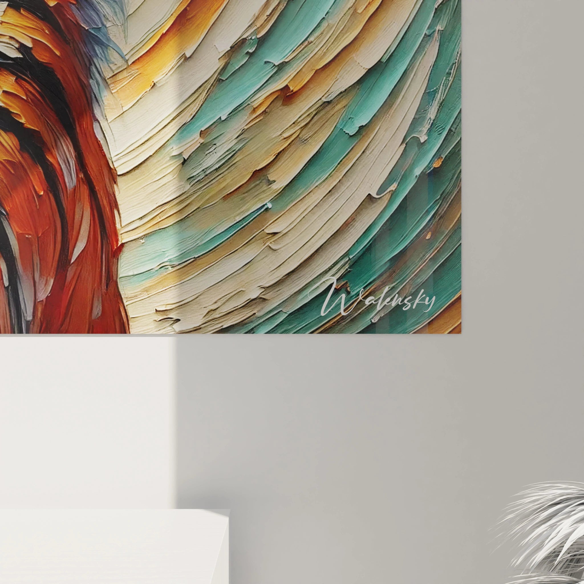 La vue rapprochée du tableau tigre révèle la finesse des coups de pinceau et l'intensité des couleurs. Ce chef-d'œuvre, riche en détails, devient encore plus impressionnant à mesure qu'on s'en approche.