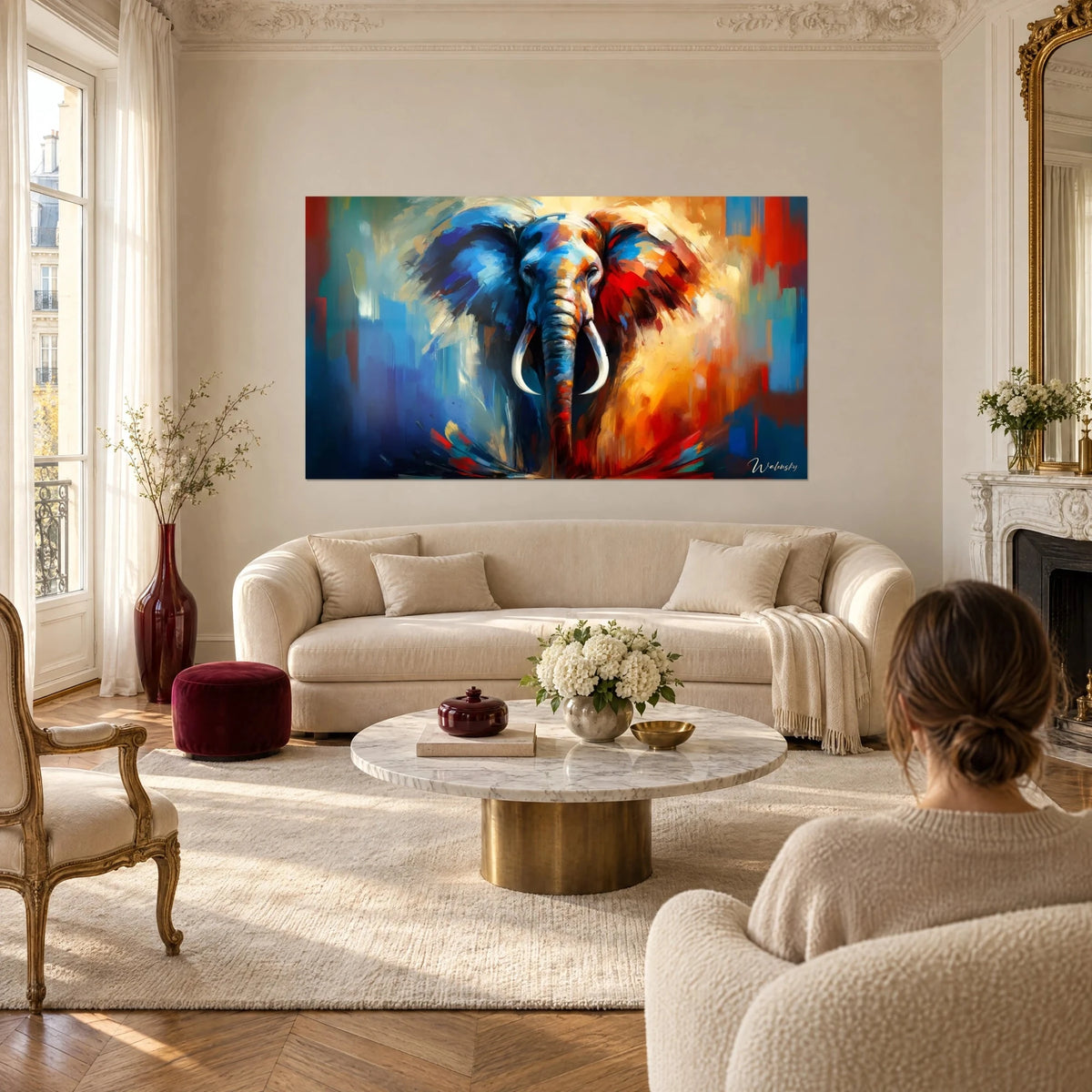 Quadro di elefante con orecchie blu cobalto e rosso vivo, zanne d'avorio, sopra un divano in un soggiorno luminoso