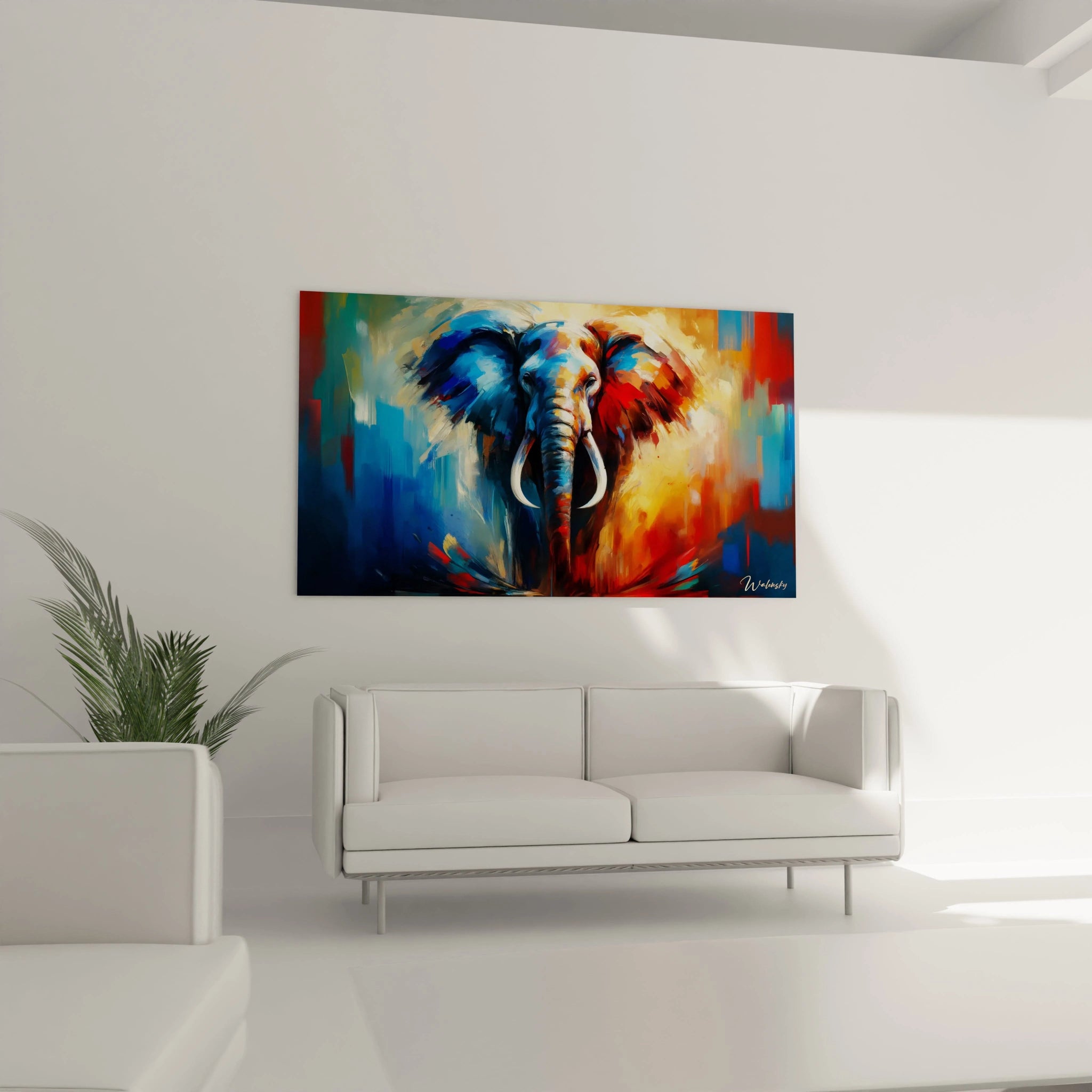 Dans un salon, au-dessus d'un canapé, ce tableau elephant attire tous les regards. L'éléphant imposant et les couleurs audacieuses, principalement bleues et rouges, insufflent vie et mystère à l'espace.