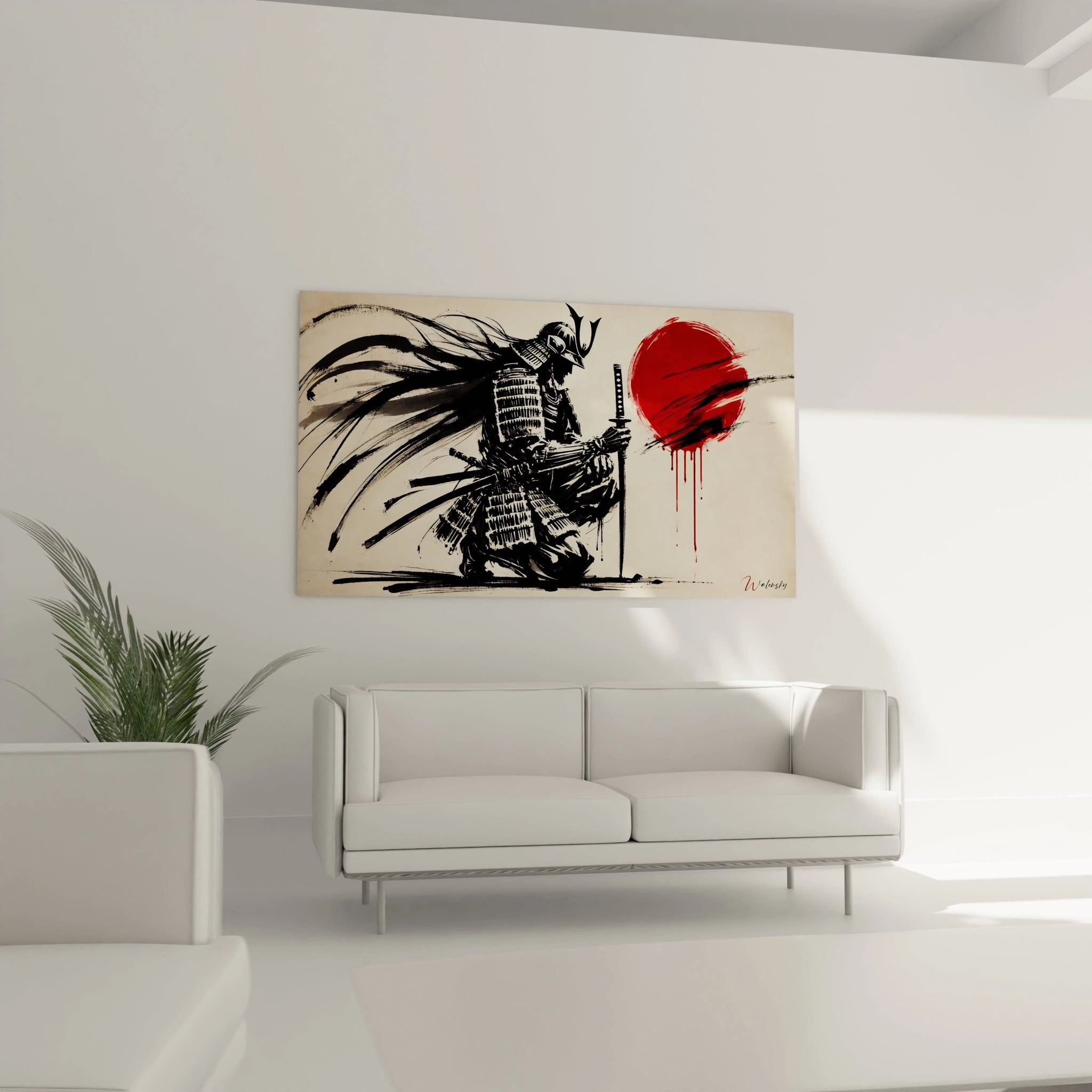 Tableau japonais au-dessus du canapé : cette oeuvre puissante en noir et rouge evoque l essence du samourai. Ideal pour sublimer votre salon avec un art inspirant et meditatif.