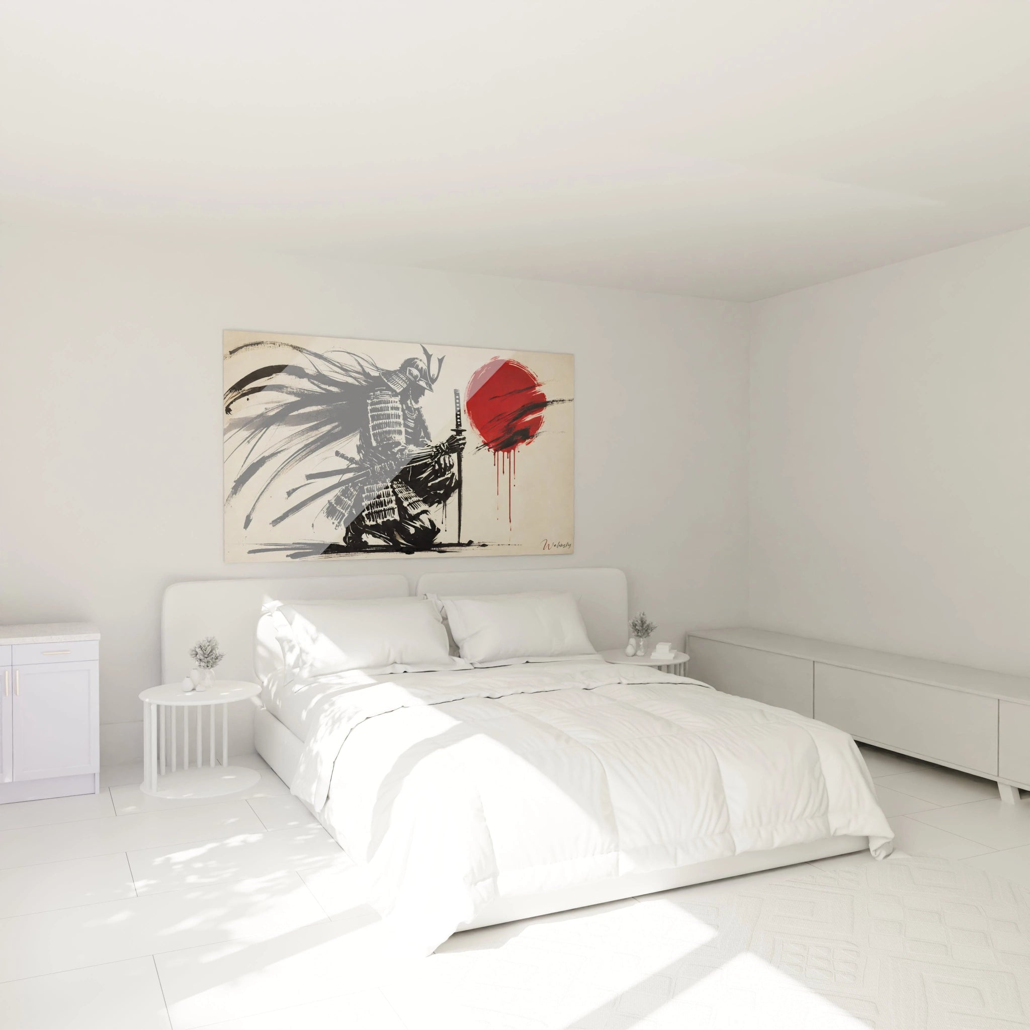 Tableau japonais dans une chambre : ajoute profondeur et serenite au-dessus du lit, avec ses nuances de noir et rouge rappelant le bushido et le soleil levant. Un hommage a la culture japonaise dans votre decor.