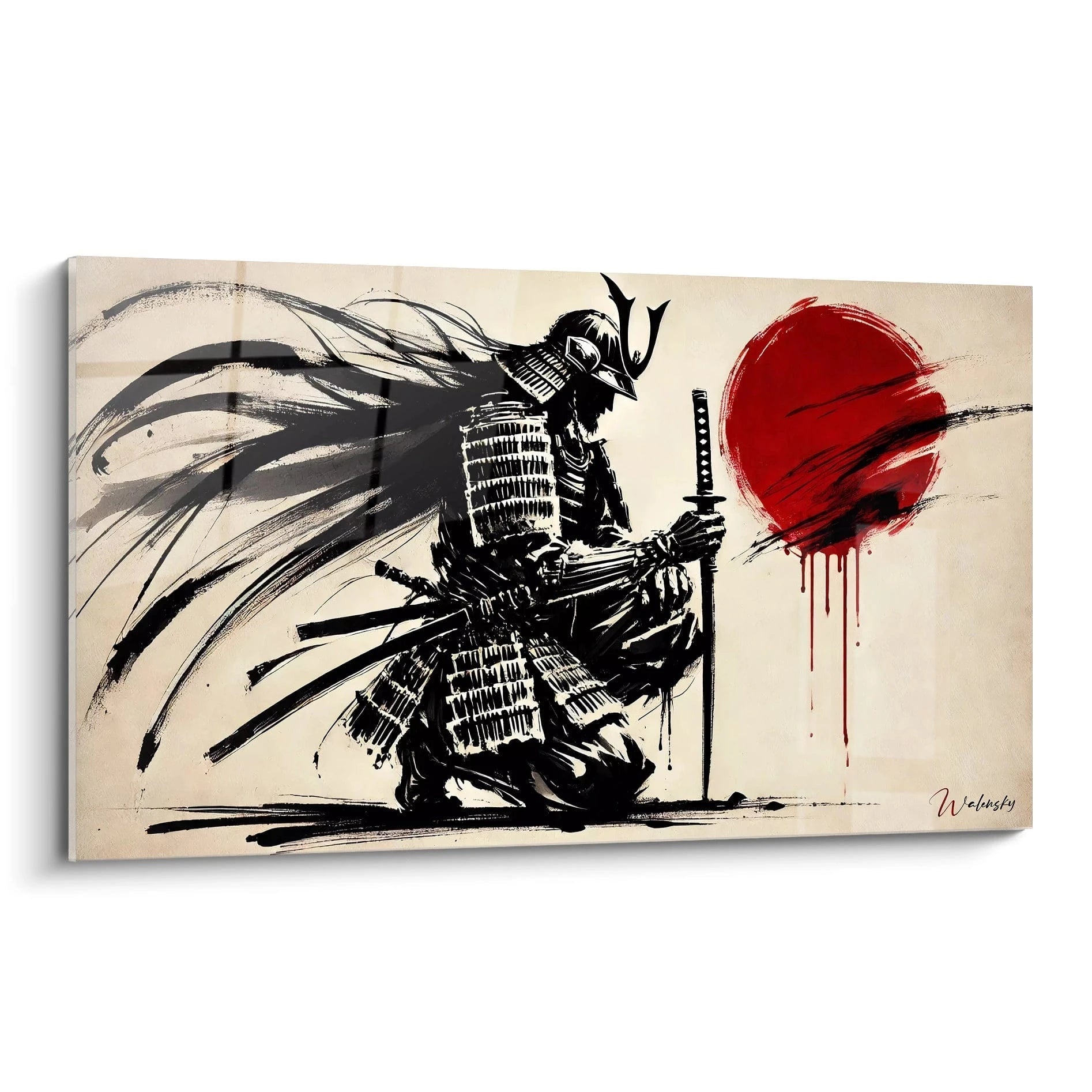 Tableau japonais vu de biais : capture la force du samourai en meditation avec contraste rouge et noir, rappelant le sumi-e. Energie et simplicite, parfait pour les amateurs d art japonais traditionnel.