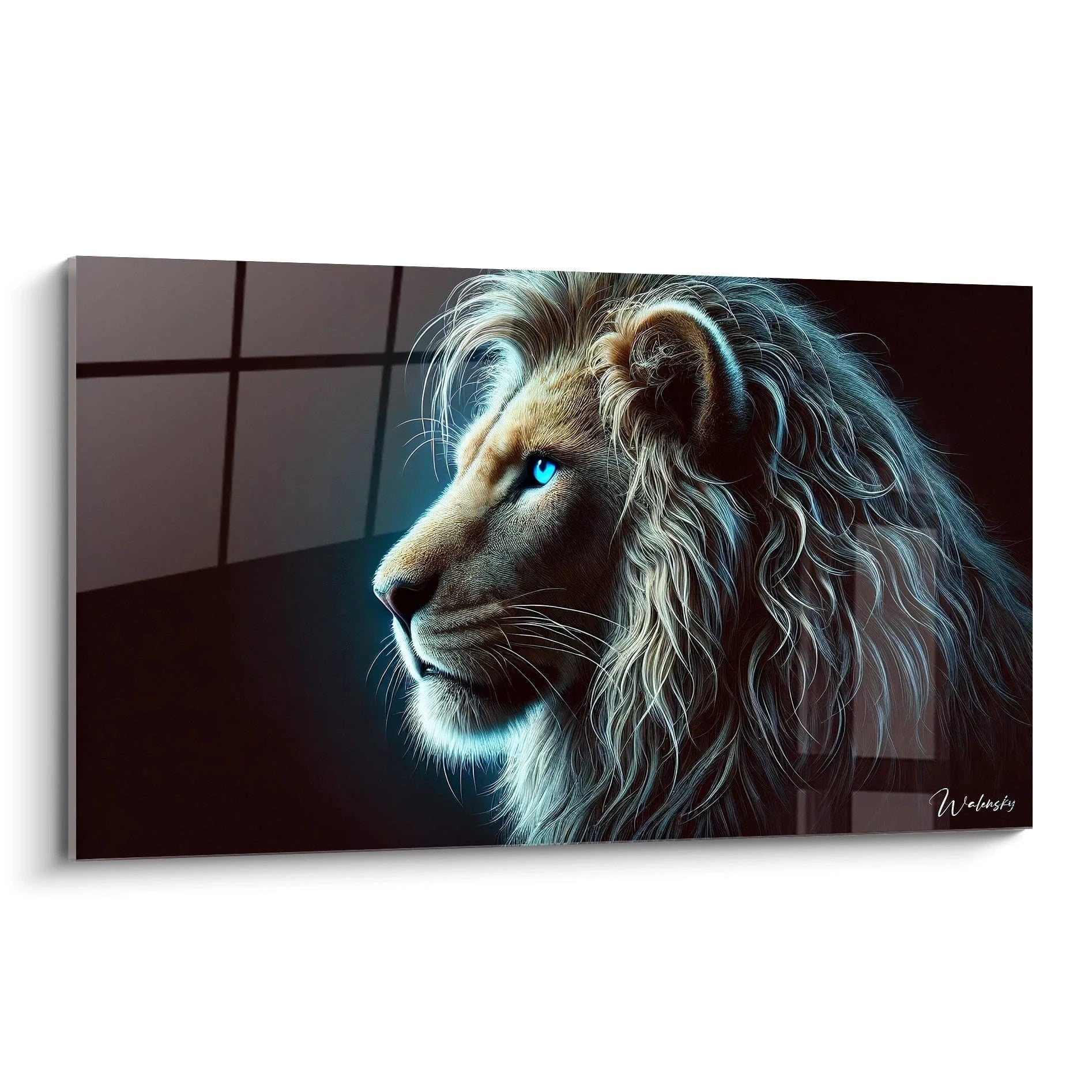 Vue de biais, ce tableau lion capture l'attention avec ses details réalistes et son regard perçant bleu. Une œuvre contemporaine idéale pour un espace moderne.