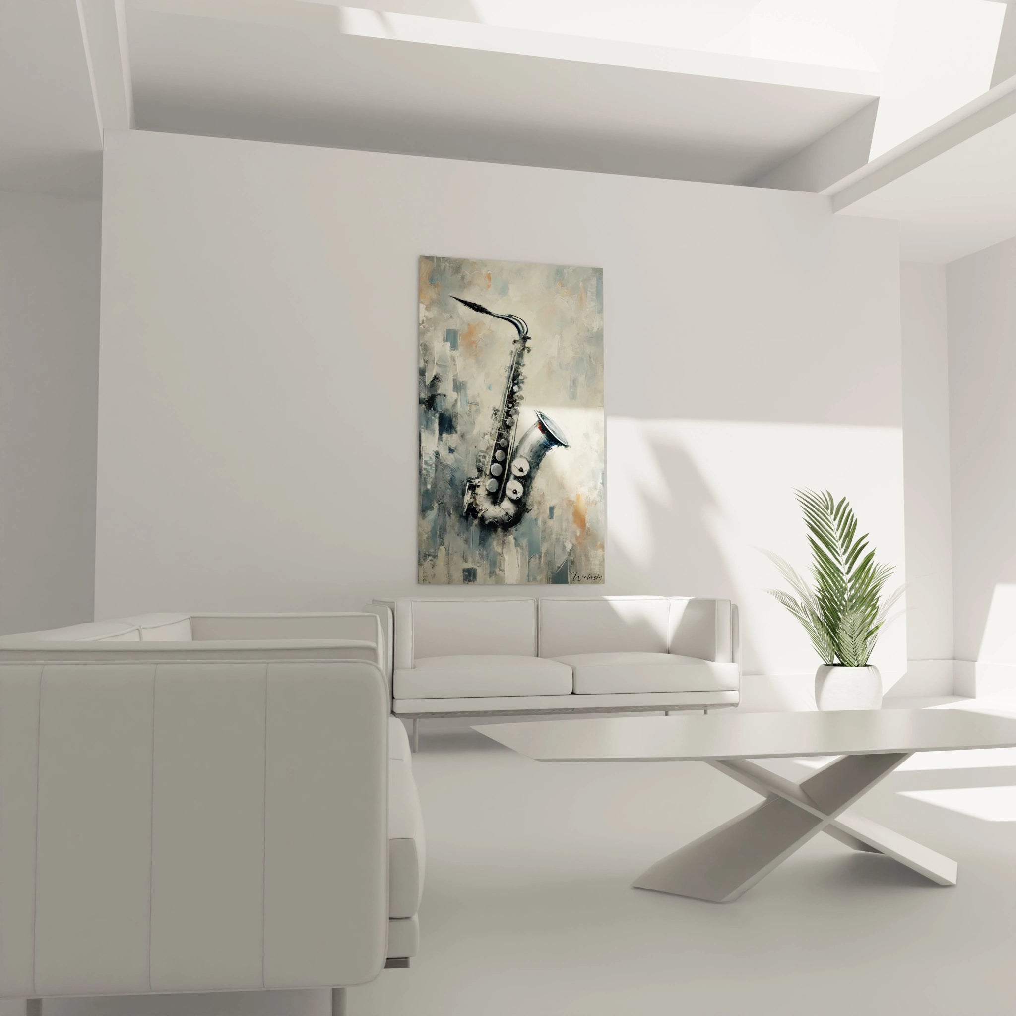 Transformez votre salon avec ce tableau abstrait de saxophone. Les couleurs douces et l'arrière-plan texturé s'accordent parfaitement, ajoutant une touche musicale élégante au-dessus du canapé.