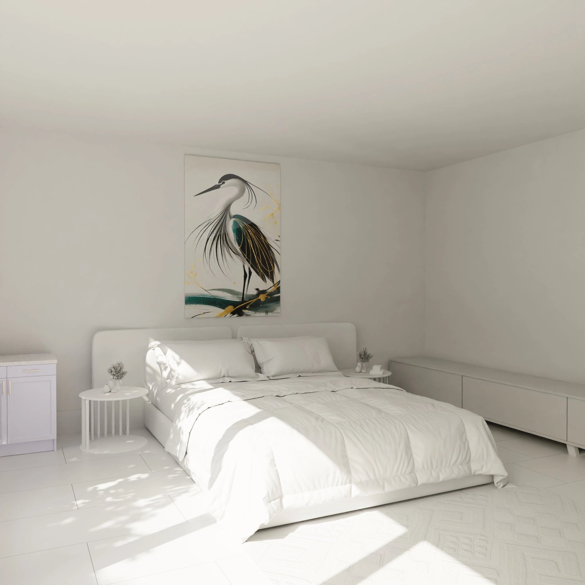 Tableau heron accroche dans une chambre au dessus du lit Un heron majestueux en noir et or qui apporte serenite et sophistication a la chambre Un choix parfait pour une ambiance apaisante