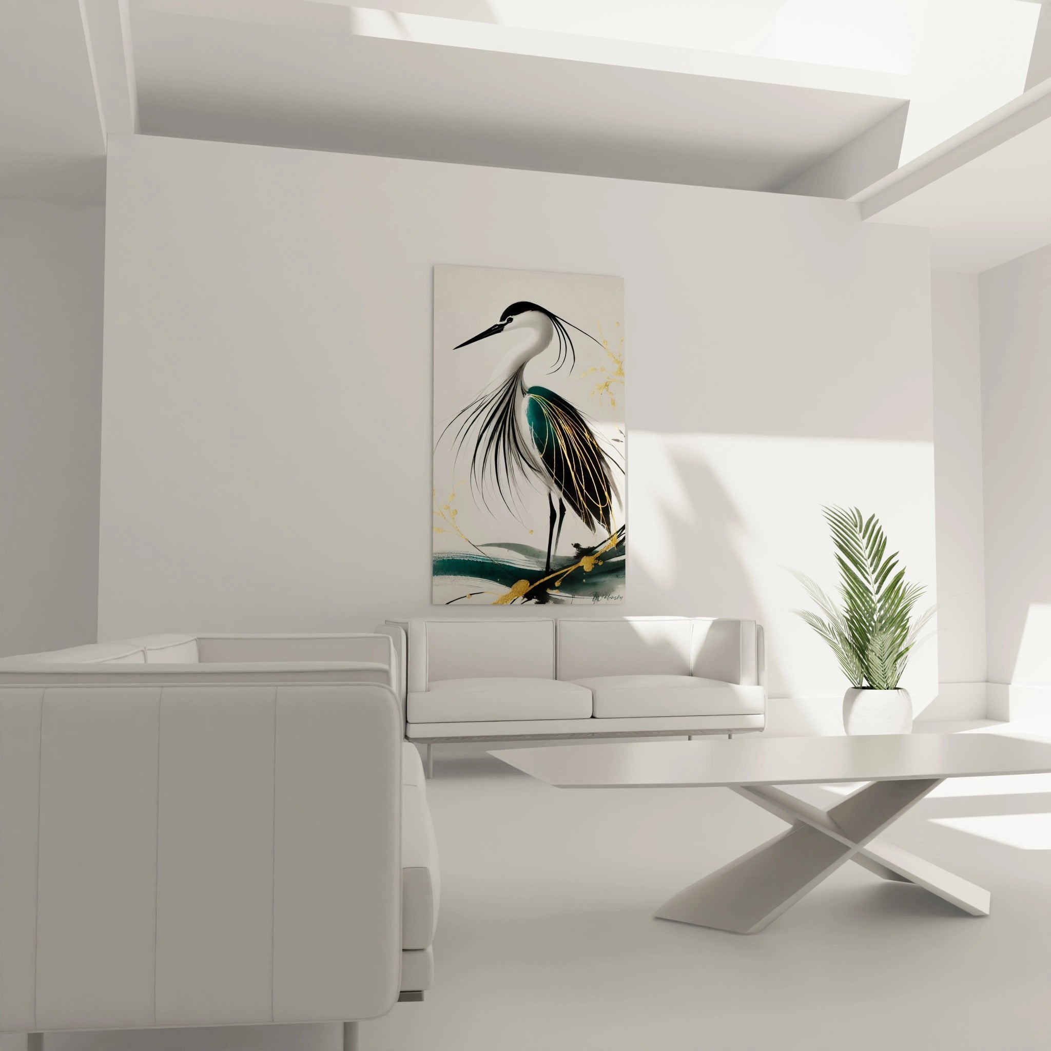 Tableau heron au mur d un salon au dessus d un canape Un heron noir et dore au style minimaliste qui ajoute une touche de nature et de raffinement au salon Moderne et elegant