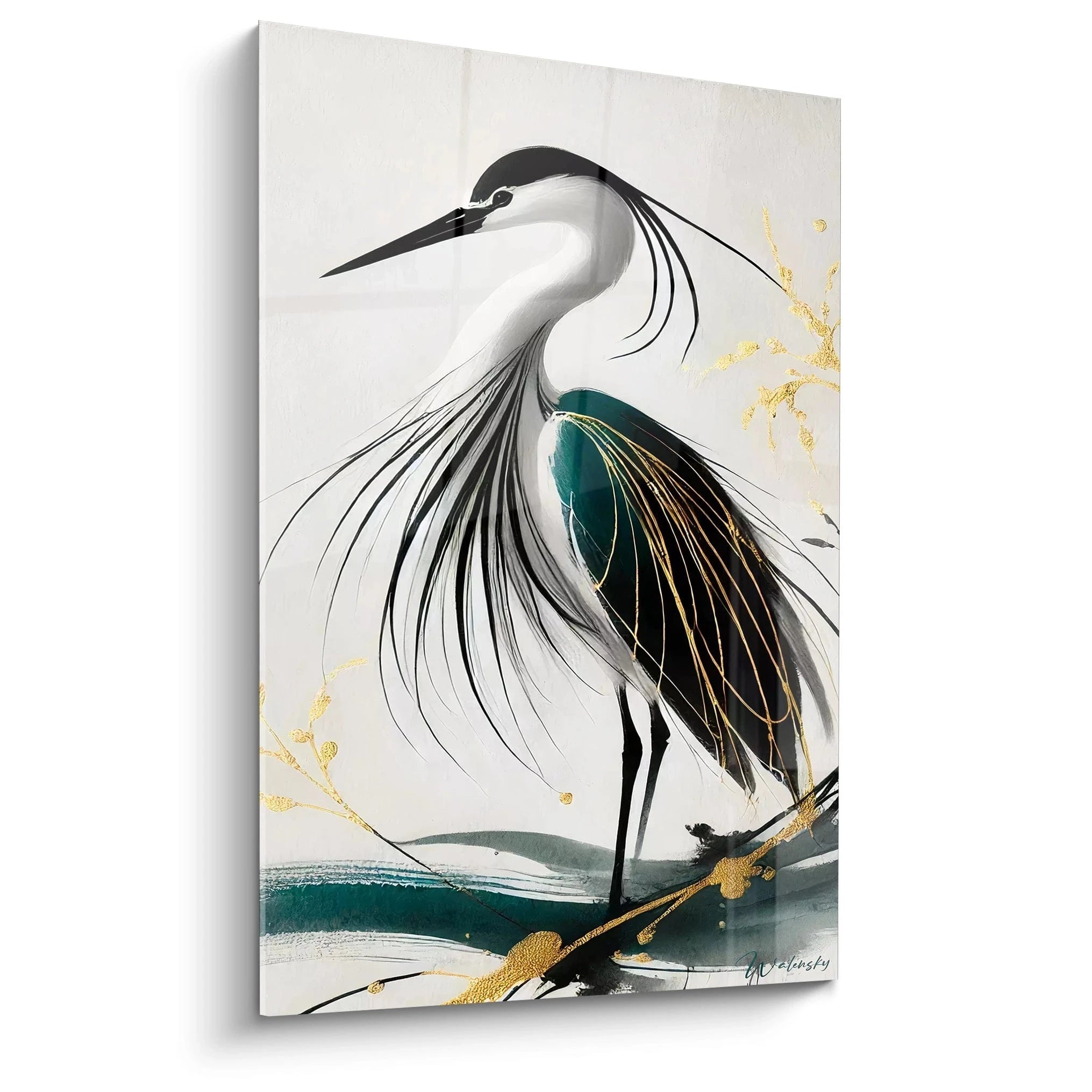 Tableau heron contemporain vu de biais Une composition elegante et minimaliste qui capte la grace du heron avec des touches dorees et vert fonce pour une decoration raffinee et apaisante