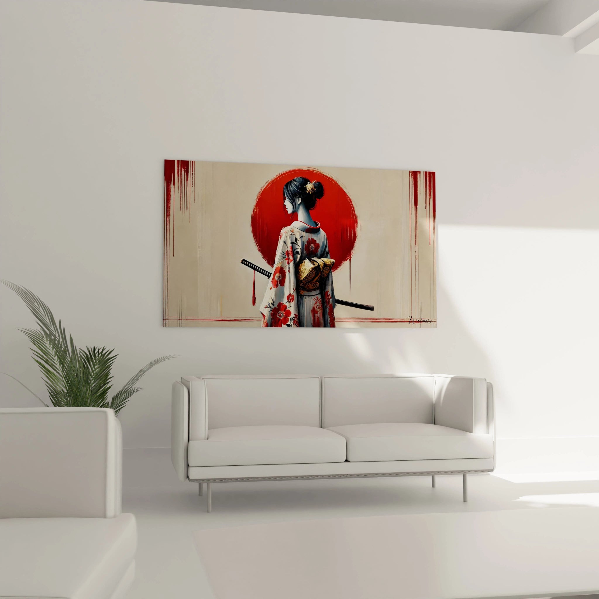 Au dessus du canape, ce tableau japonais de femme en kimono et katana offre un equilibre entre modernite et tradition, creant une atmosphere unique au salon.