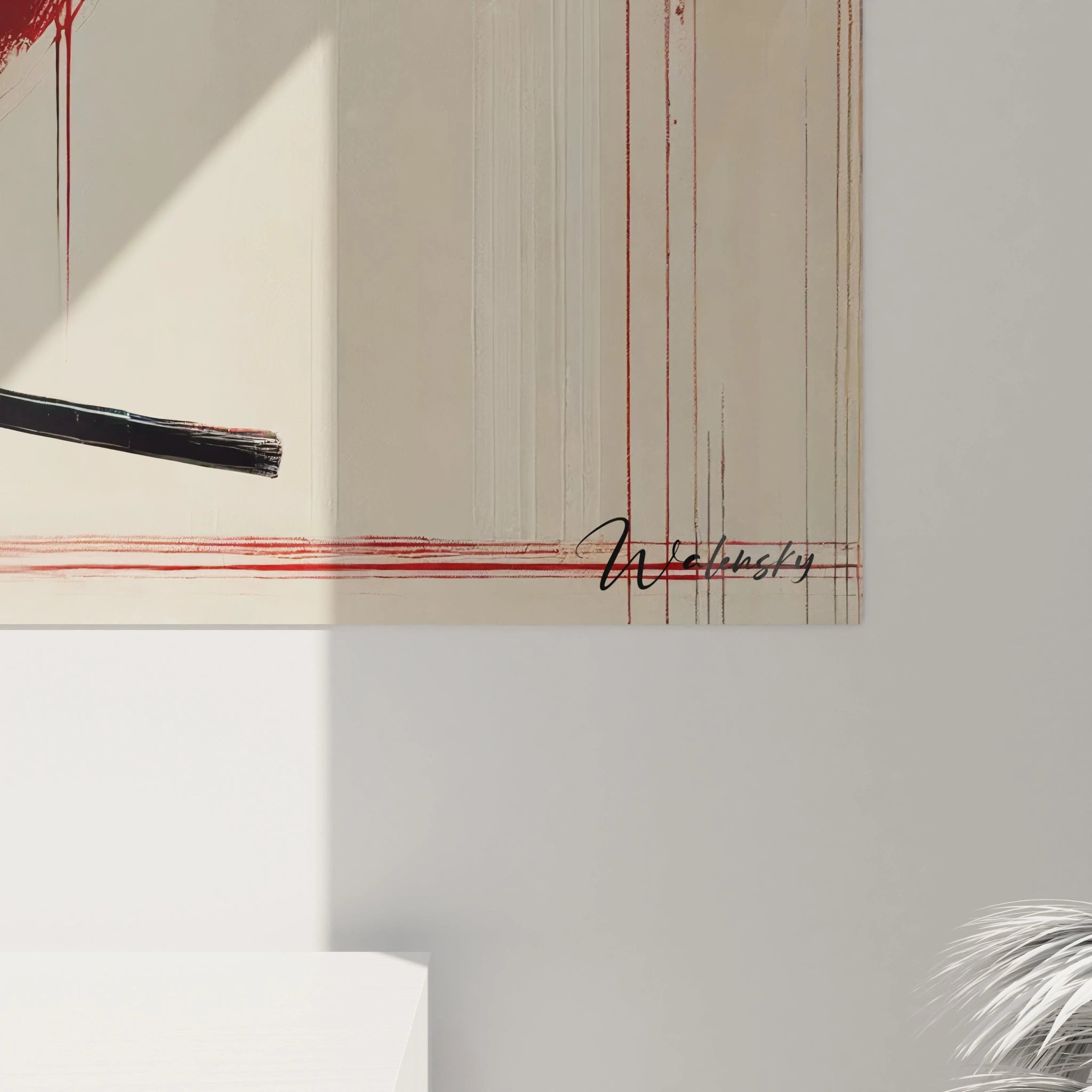 Vue de pres, ce tableau japonais met en avant la force tranquille de la femme en kimono et katana, avec des details subtils de fleurs rouges et d or.