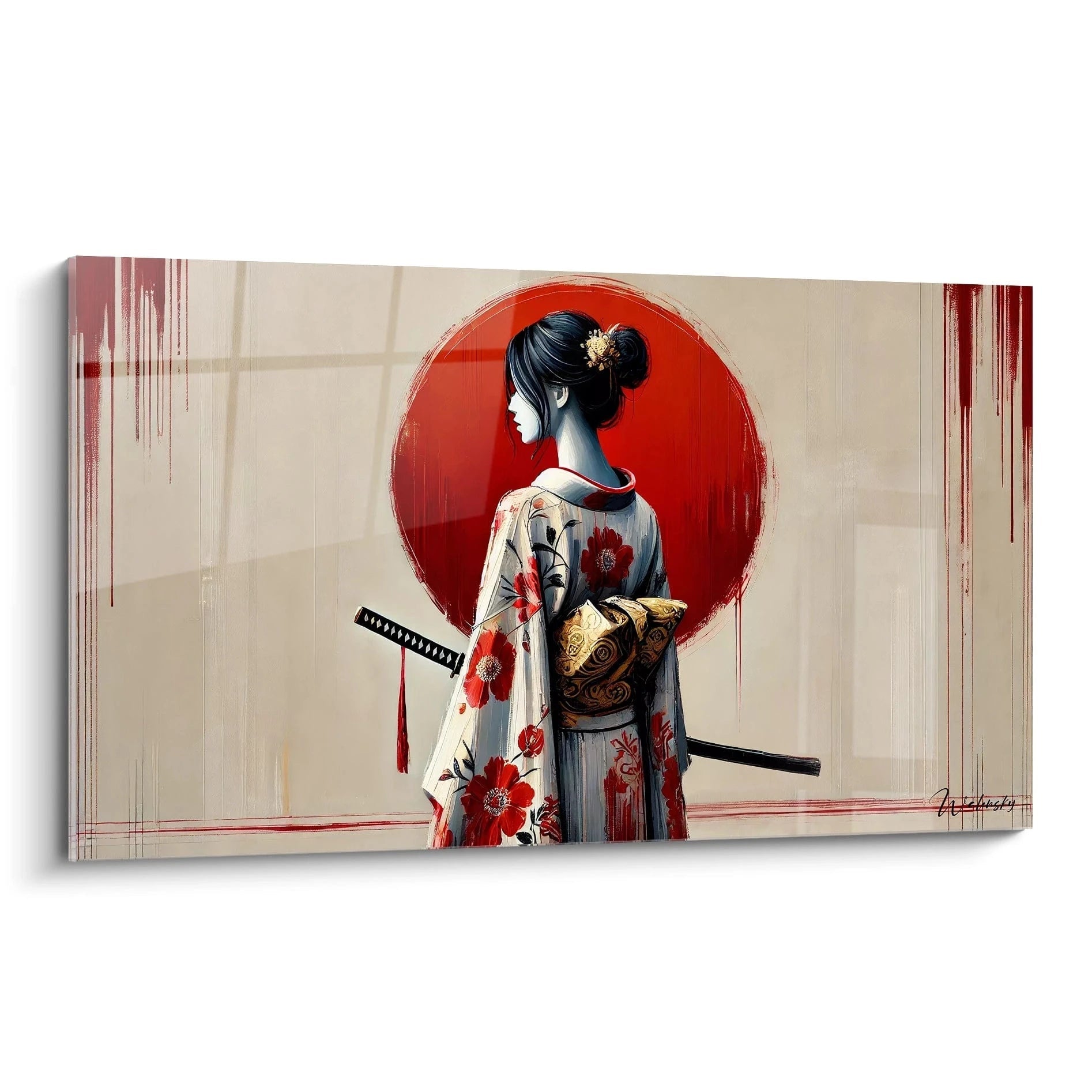 Ce tableau japonais capture la grace d une femme guerriere en kimono rouge. Vue de biais, il revele une dualite entre serenite et puissance inspiree du soleil levant.
