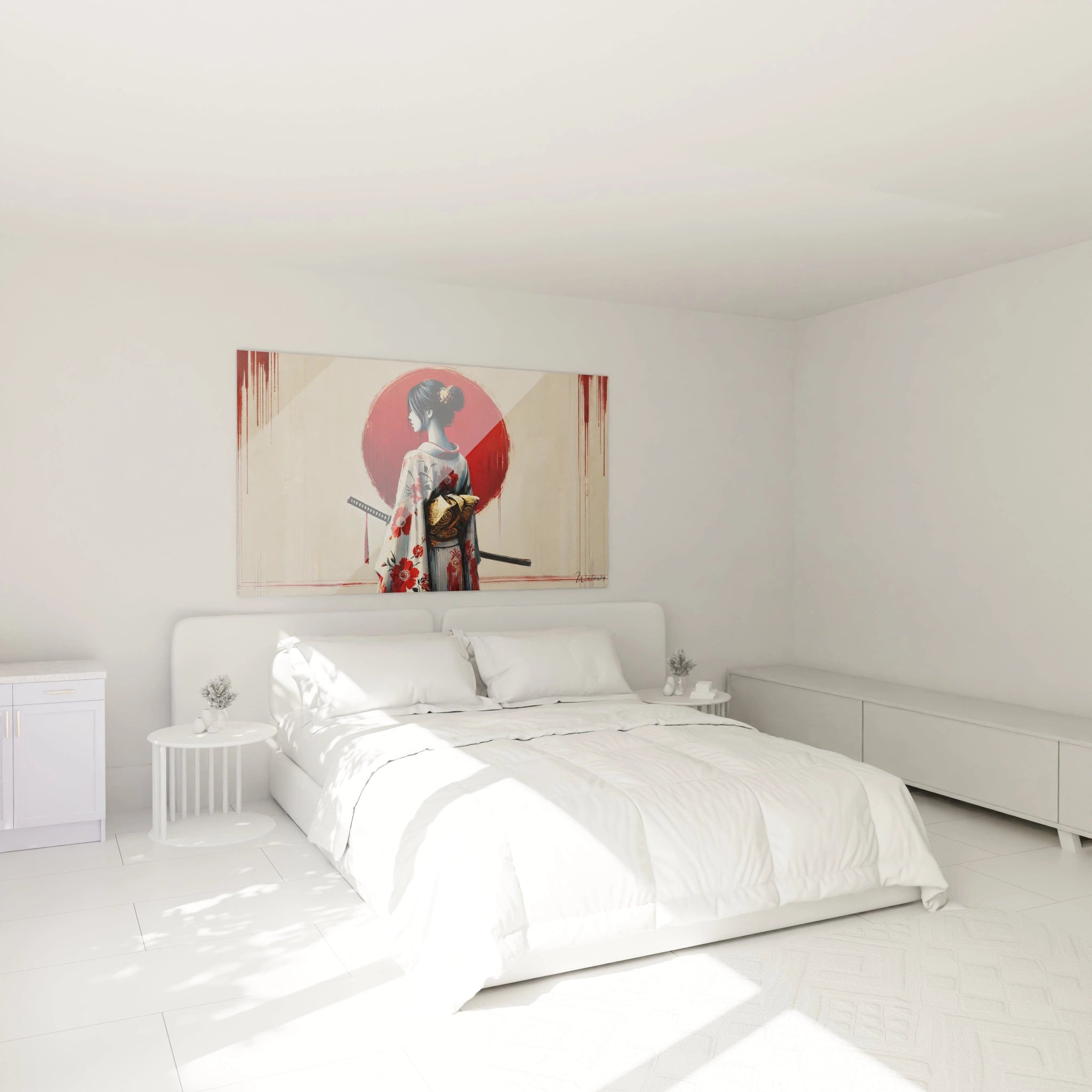 Dans cette chambre, le tableau japonais sublime l espace avec une femme guerriere en kimono. Suspendu au mur, il apporte calme et energie dans une ambiance elegante.