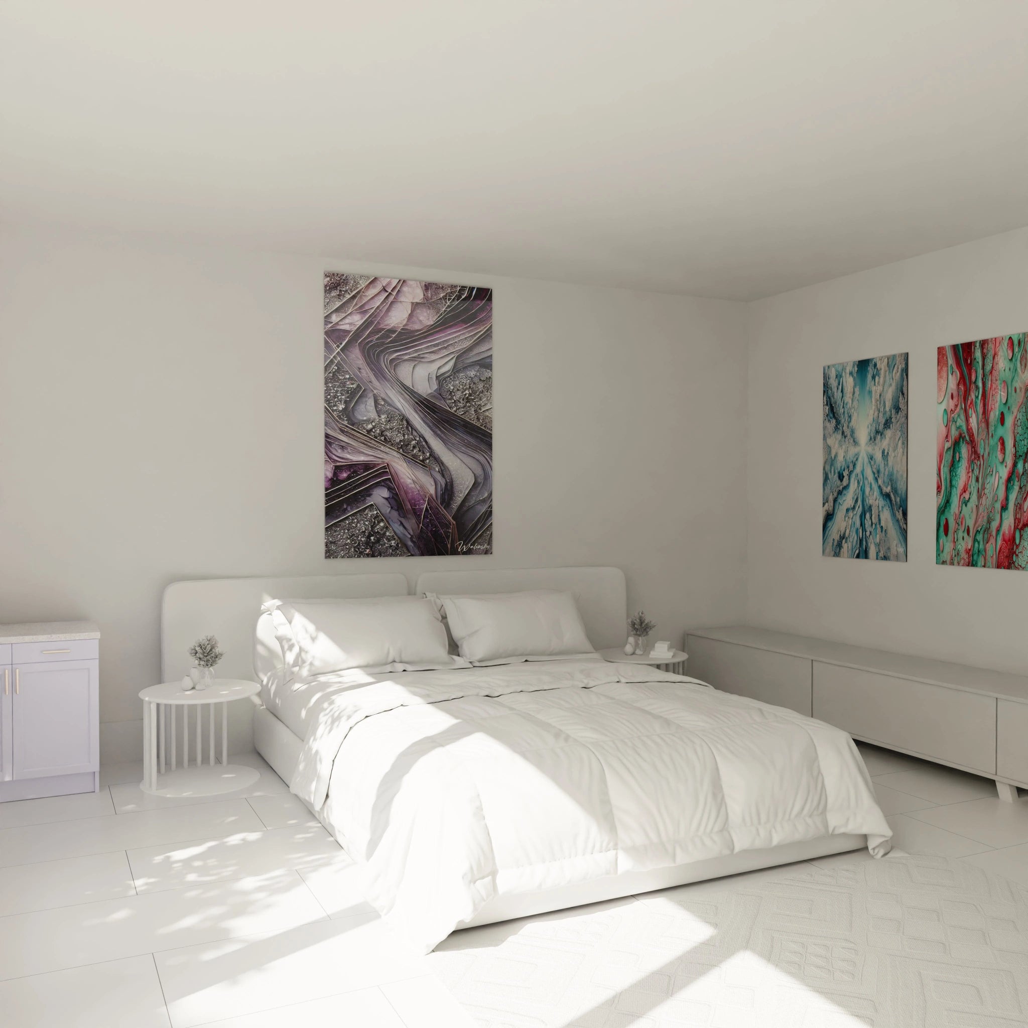 Le tableau style epoxy accrochée au mur d'une chambre, juste au-dessus du lit, apporte une ambiance apaisante grâce à ses couleurs froides. Les tons de violet et argent se fondent dans l'espace, créant une aura énigmatique.