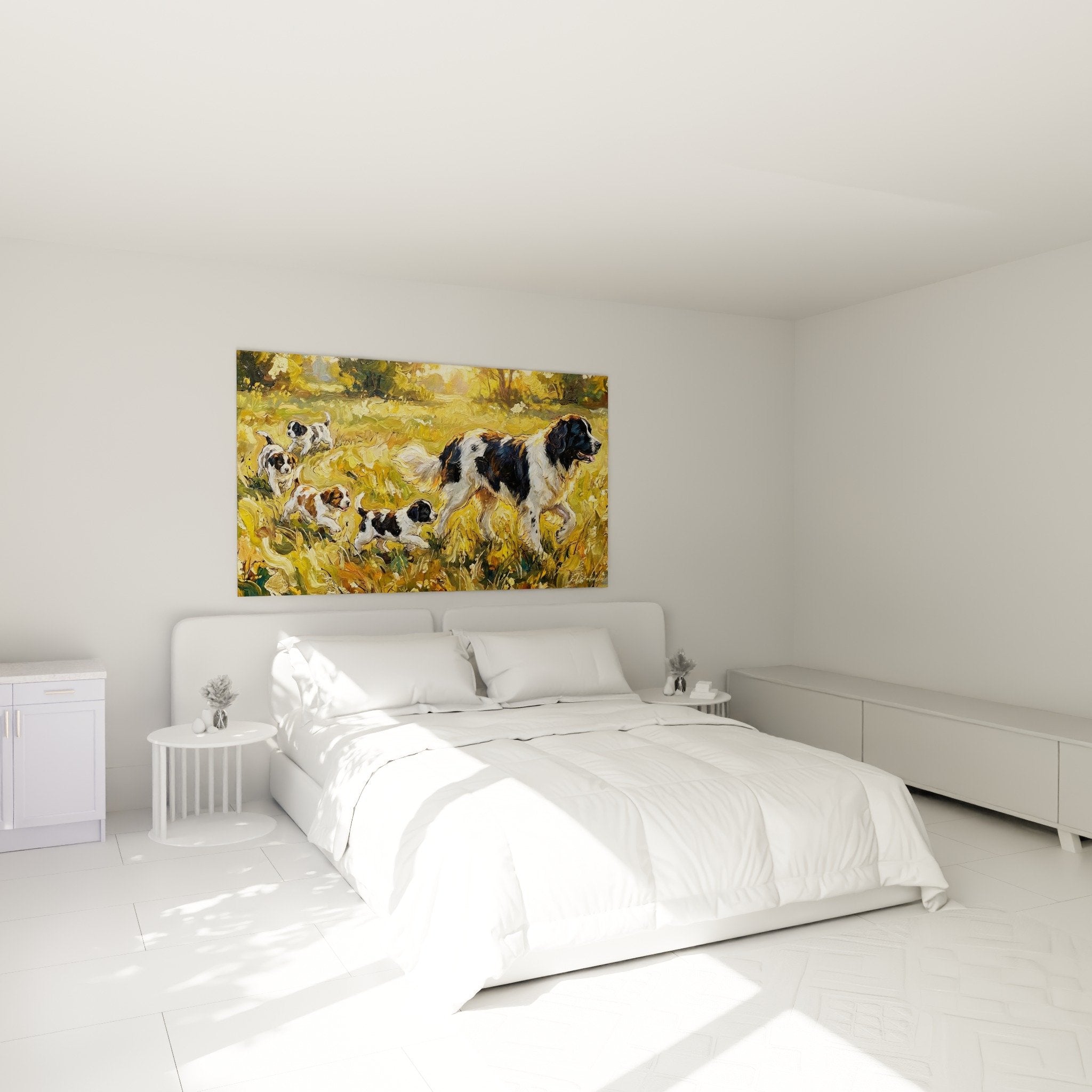 Landseer dogs canvas ochre tones installed in bedroom warm wall decor cosy ambiance
