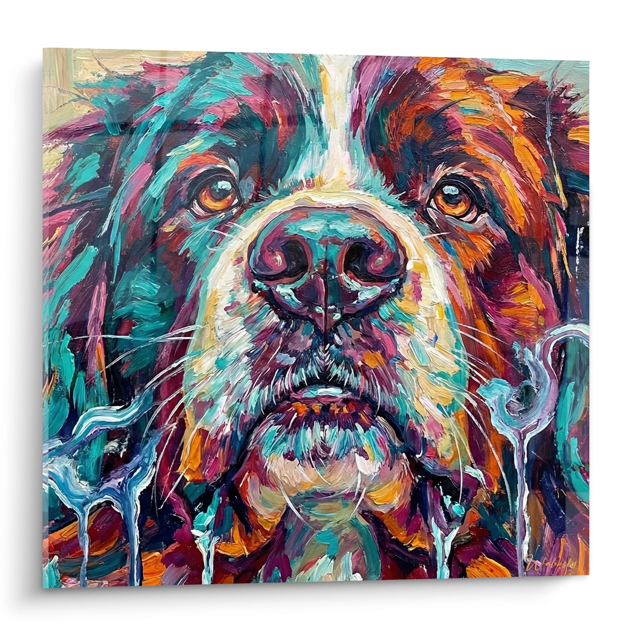 Portrait Landseer aux couleurs vives turquoise orange violet technique peinture expressive coulees artistiques regard ambre