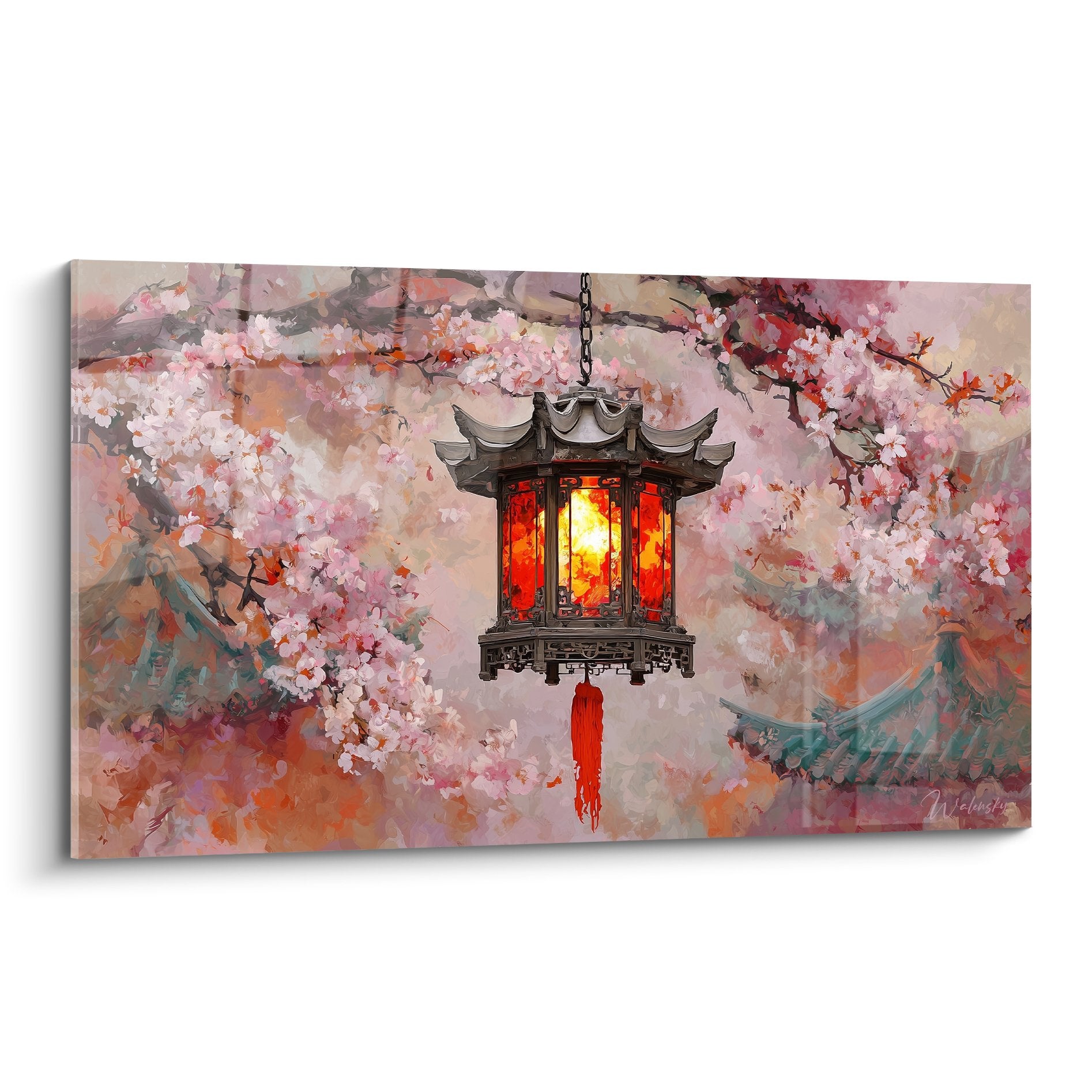 Tableau décoratif lanterne asiatique éclairée sous branches de cerisier en fleurs roses et blanches style oriental