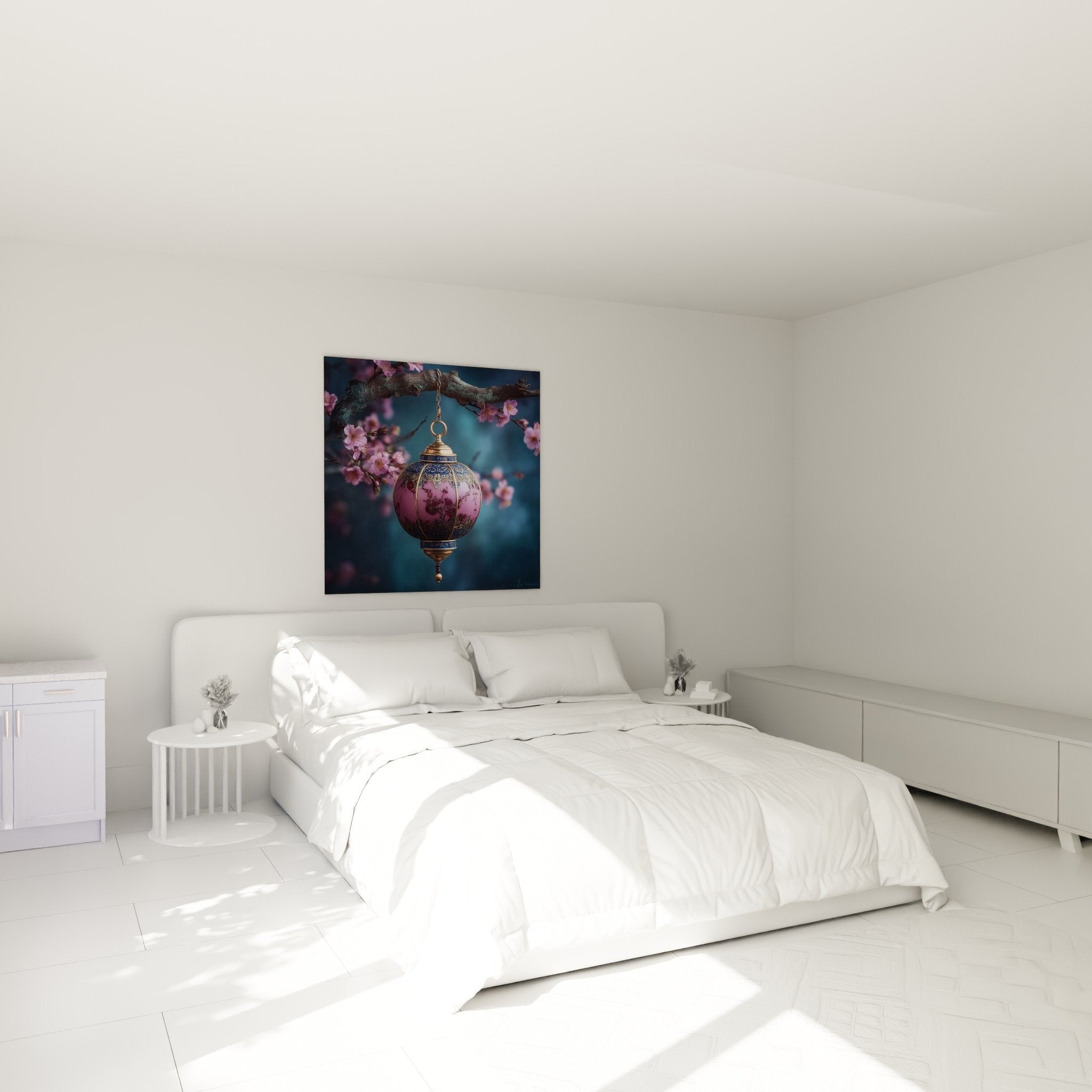 Tableau lanterne asiatique rose chambre decoration murale zen fleurs cerisier ambiance apaisante