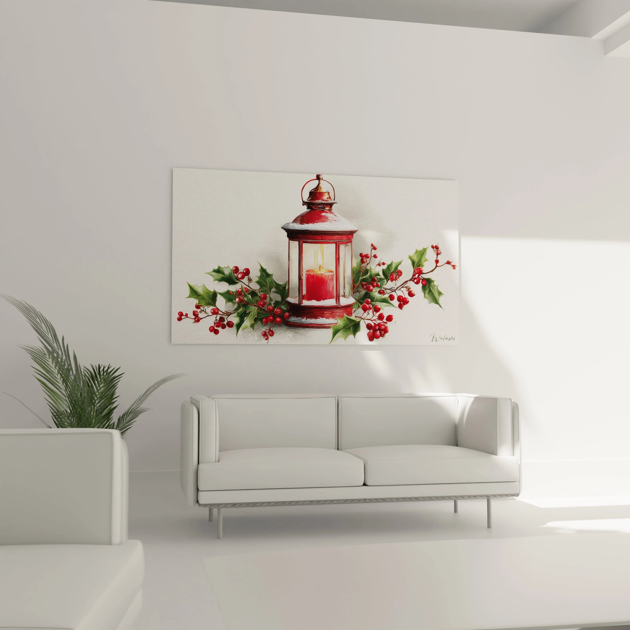 Tableau lanterne Noël décoratif avec des branches de baies rouges sur fond clair