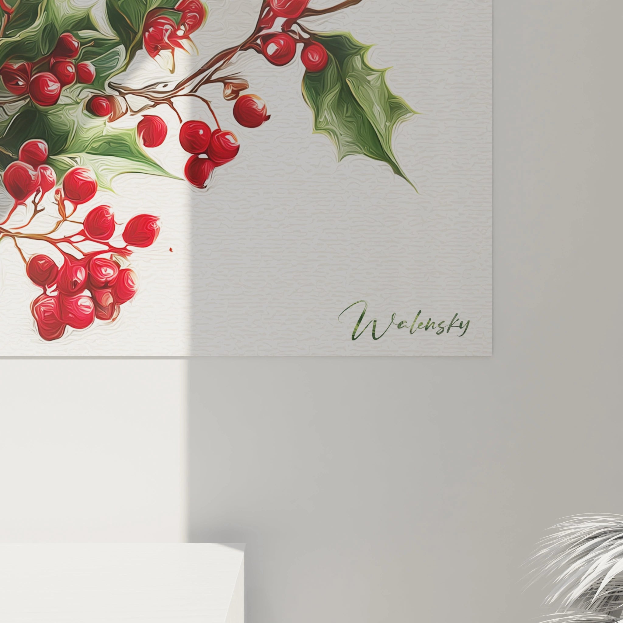 Tableau mural lanterne Noël avec des baies rouges et des feuilles de houx décoratives