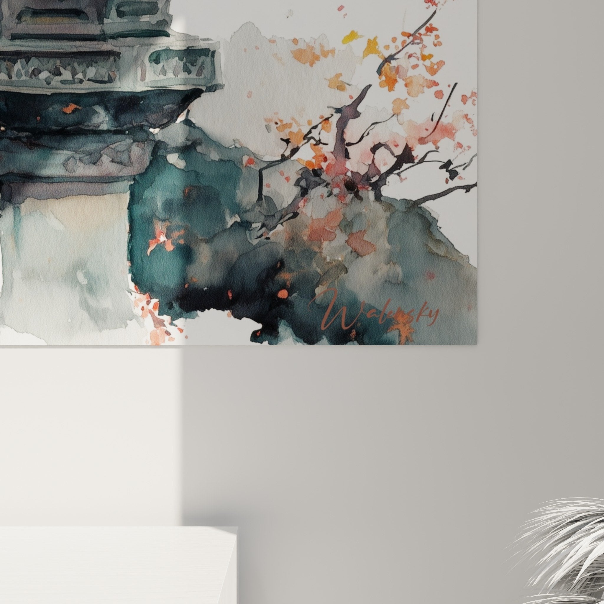 Full view cherry blossom lantern artwork, Japanese watercolor composition, coral gray palette, wall art decoration