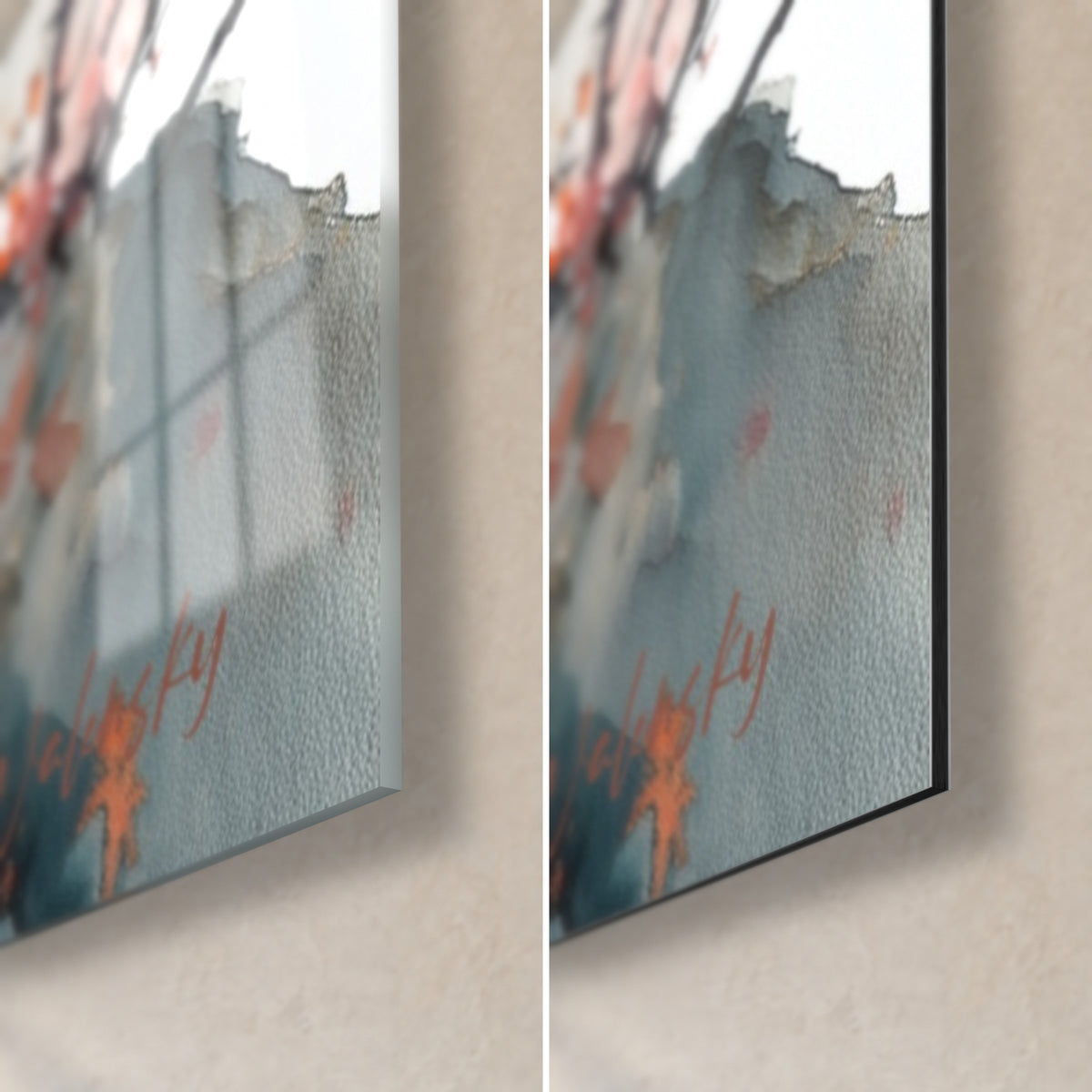 Cuadro pagoda luminosa en acuarela gris y naranja, esquina inferior derecha, cristal acrílico brillante a la izquierda, aluminio Dibond mate a la derecha, canto de 3 mm