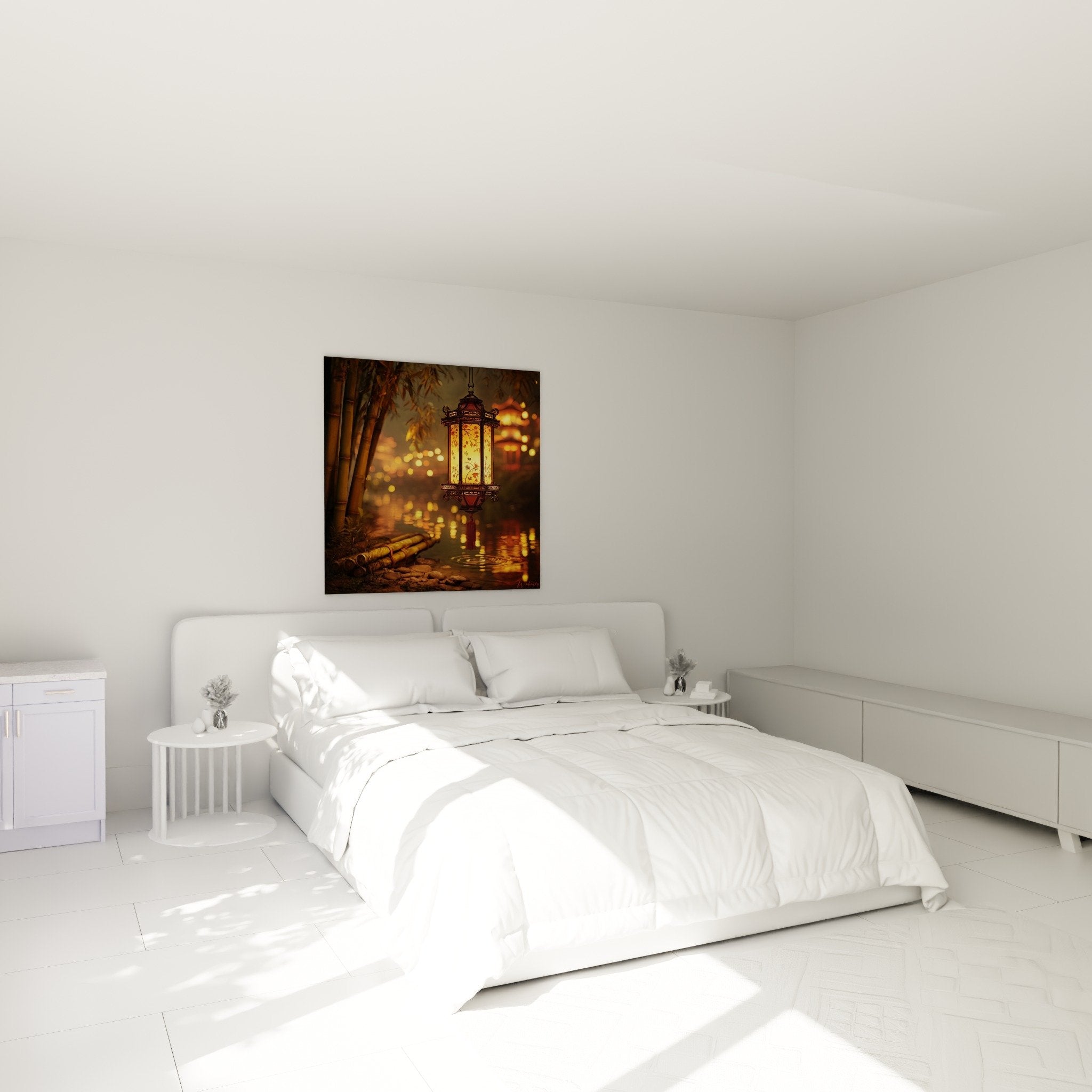Tableau lanterne japonaise chambre decoration murale zen bambous lumiere doree