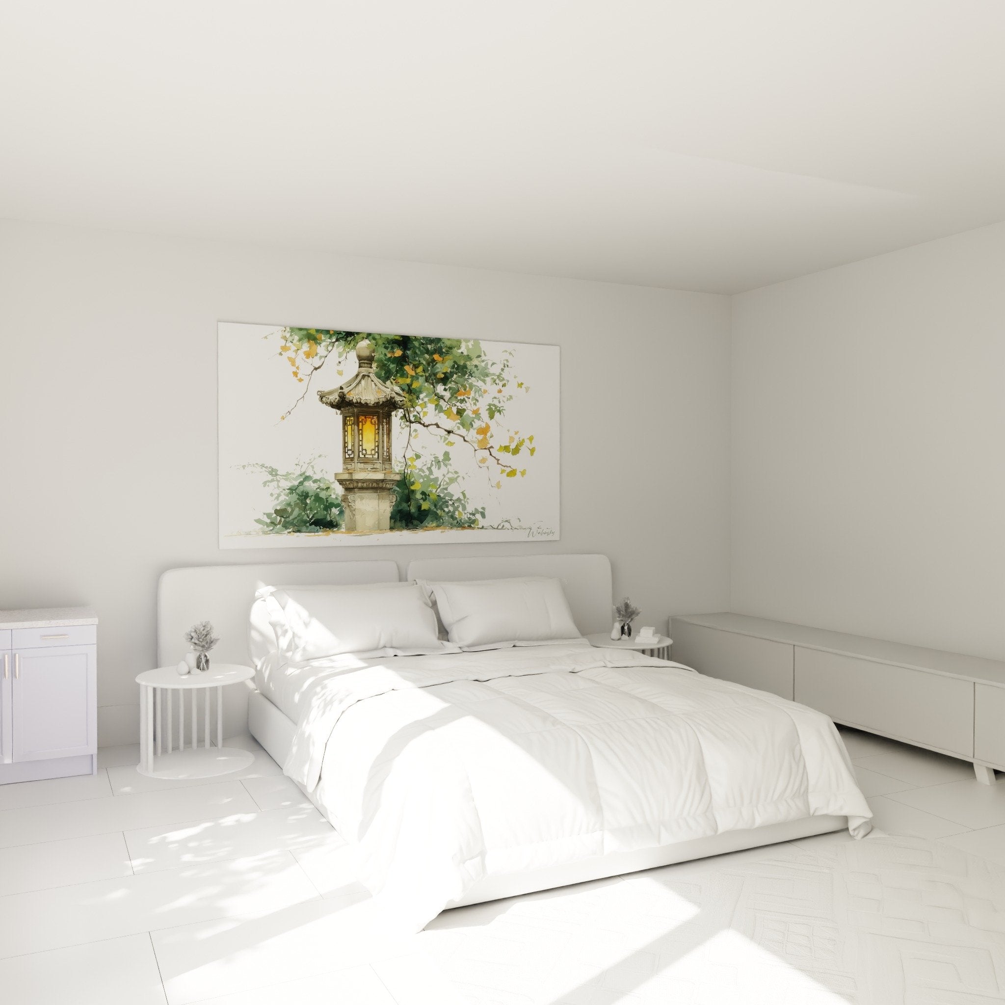 Tableau lanterne japonaise aquarelle decoration murale chambre zen ambiance orientale apaisante
