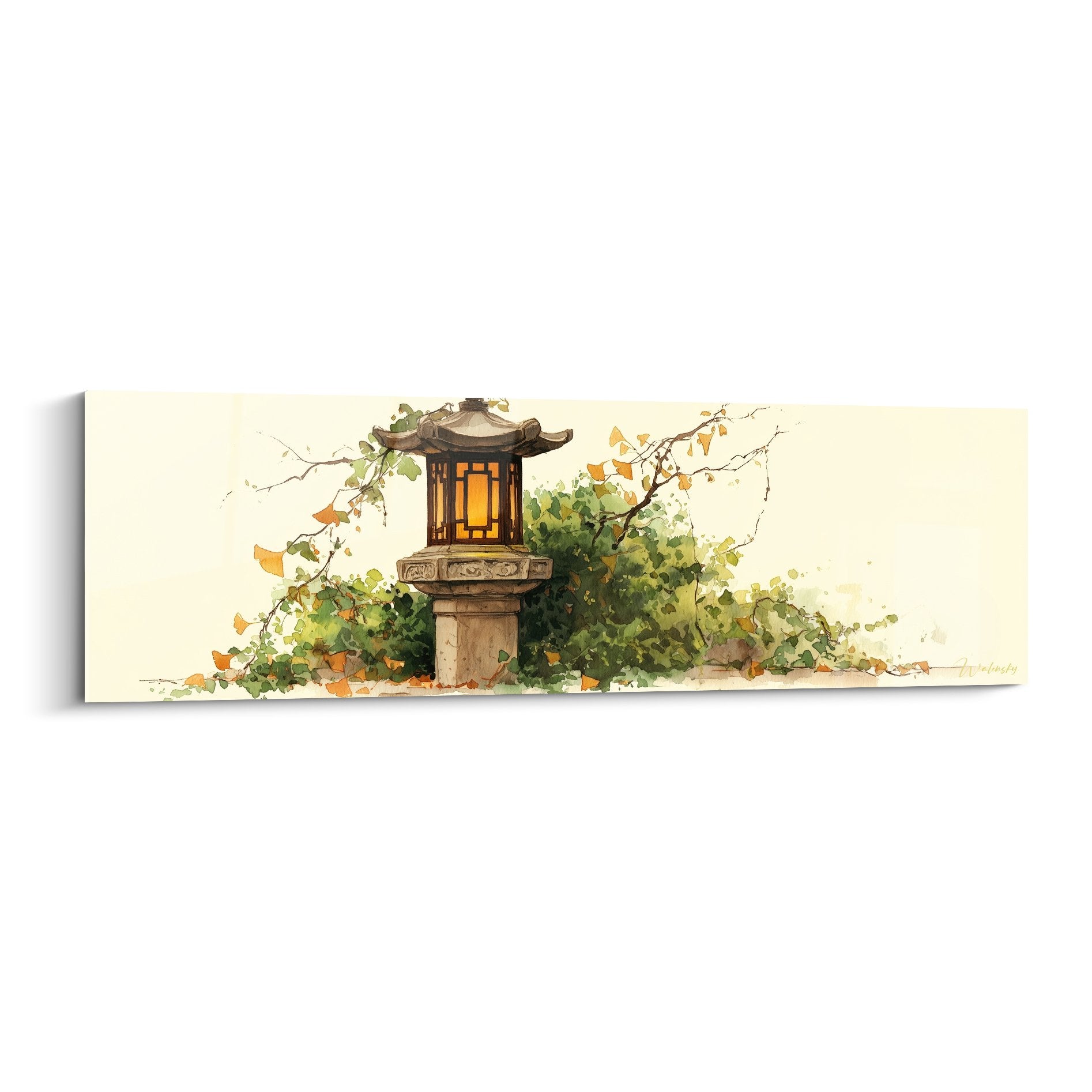 Tableau aquarelle lanterne japonaise traditionnelle entouree vegetation automnale tons dores cuivres