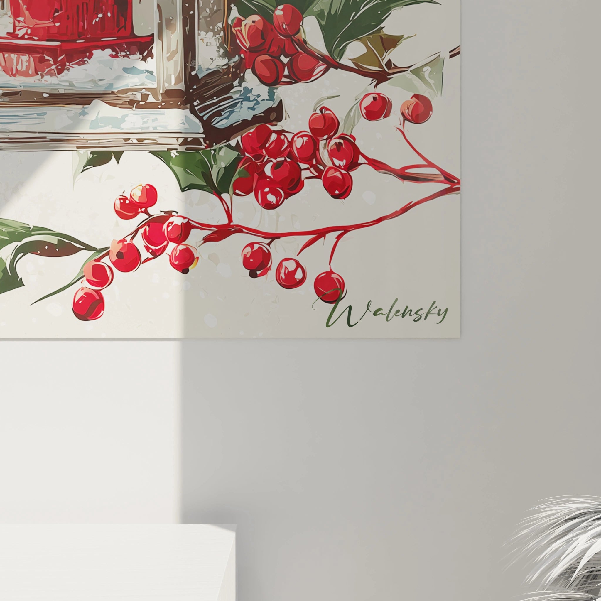 Tableau Noël lanterne de Walensky, avec des baies rouges et une ambiance festive