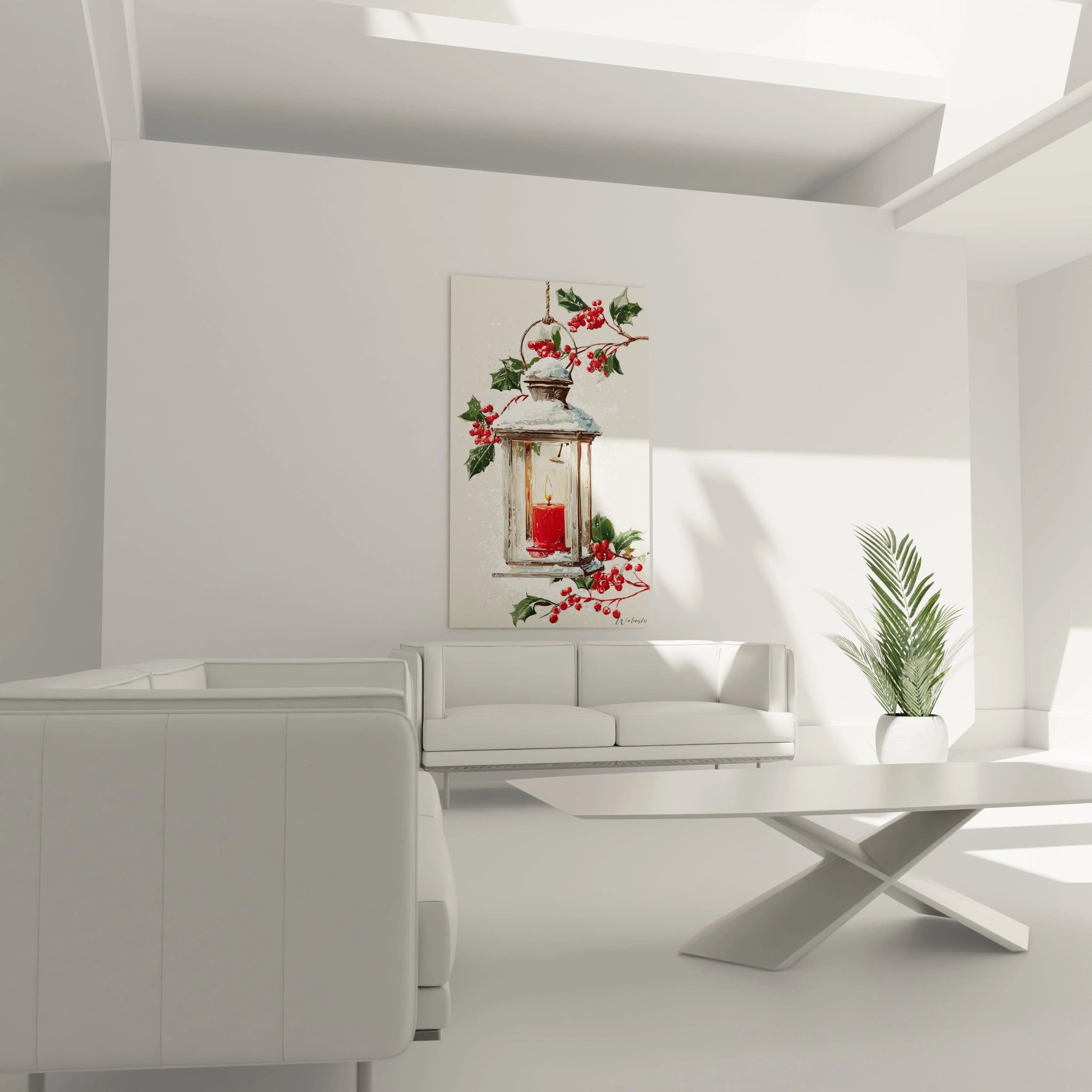 Tableau Noël lanterne décoratif avec une lanterne rouge et des baies dans un salon moderne
