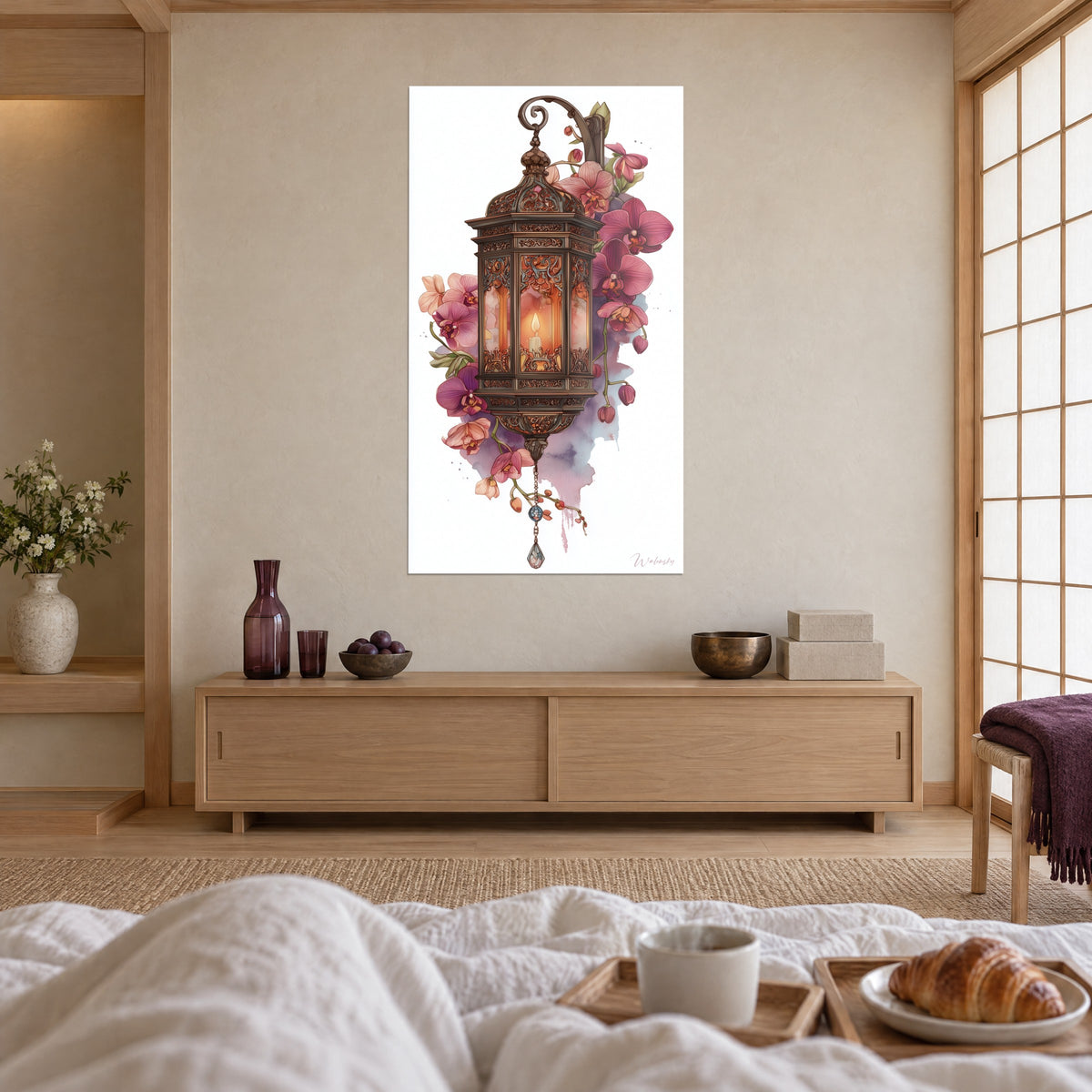 Wall art carved oriental light fixture, golden flame and fuchsia blooms, above a bed in a bright bedroom