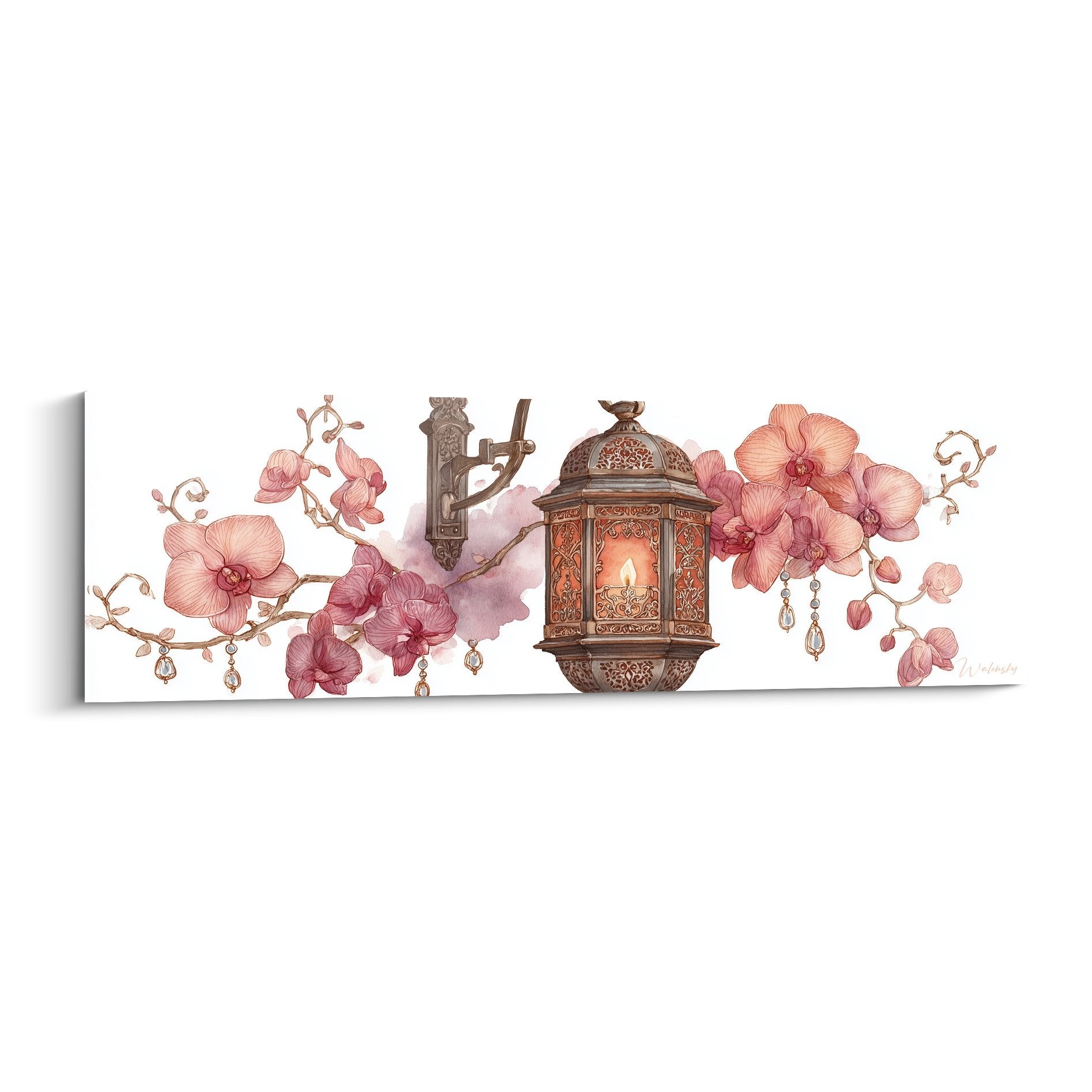 Tableau décoratif lanterne orientale bronze avec orchidées roses et cristaux suspendus sur fond blanc