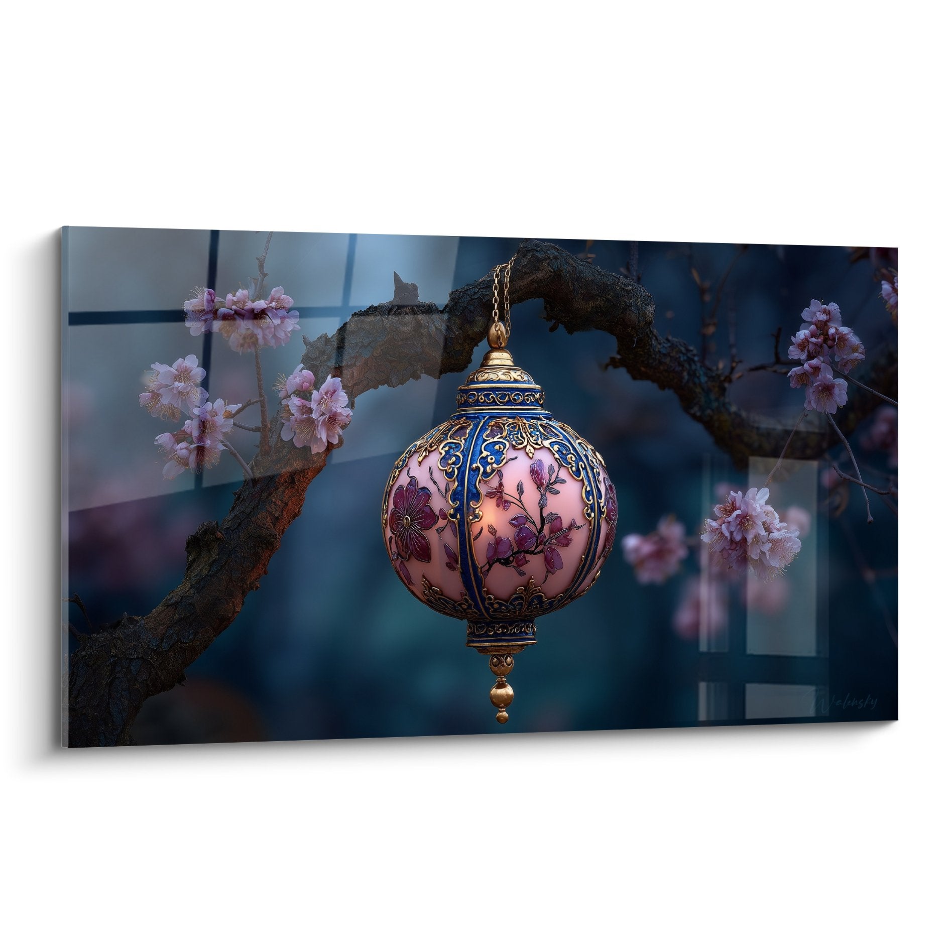 Tableau lanterne orientale ornementale rose et bleue suspendue branche cerisier fleurs decoration murale