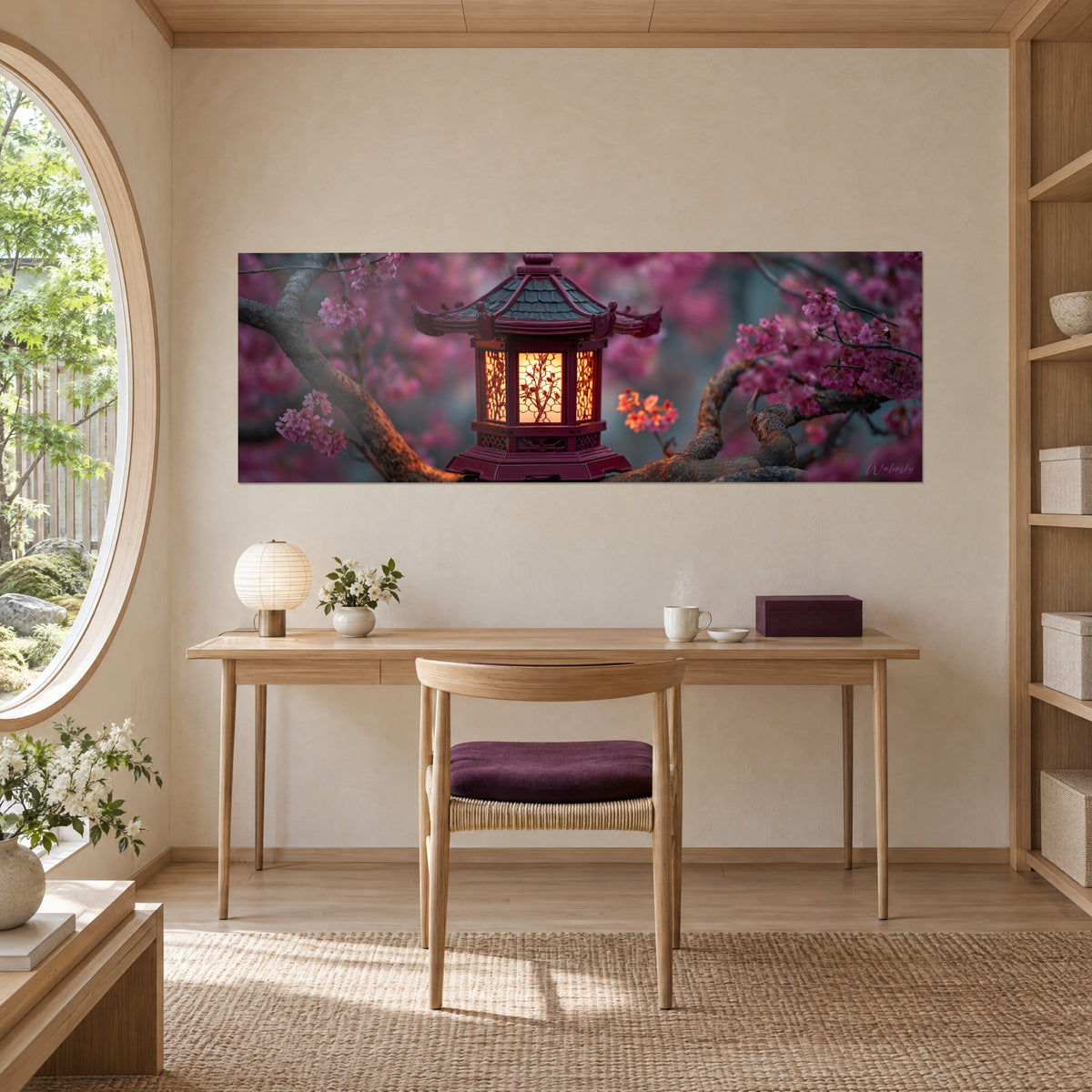 Quadro di una lanterna traforata bordeaux su un tronco nodoso marrone, bagliore arancio e fioritura rosa pallido, appeso sopra una scrivania in legno chiaro