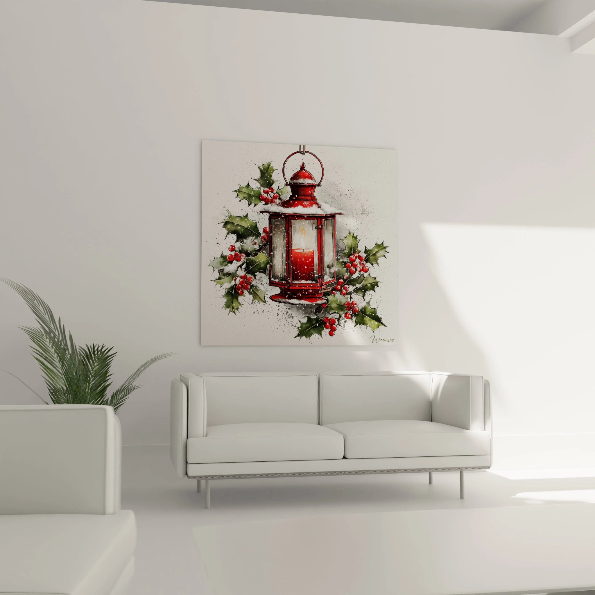 Tableau lanterne rouge Noël avec des baies et un fond blanc, parfait pour la décoration festive
