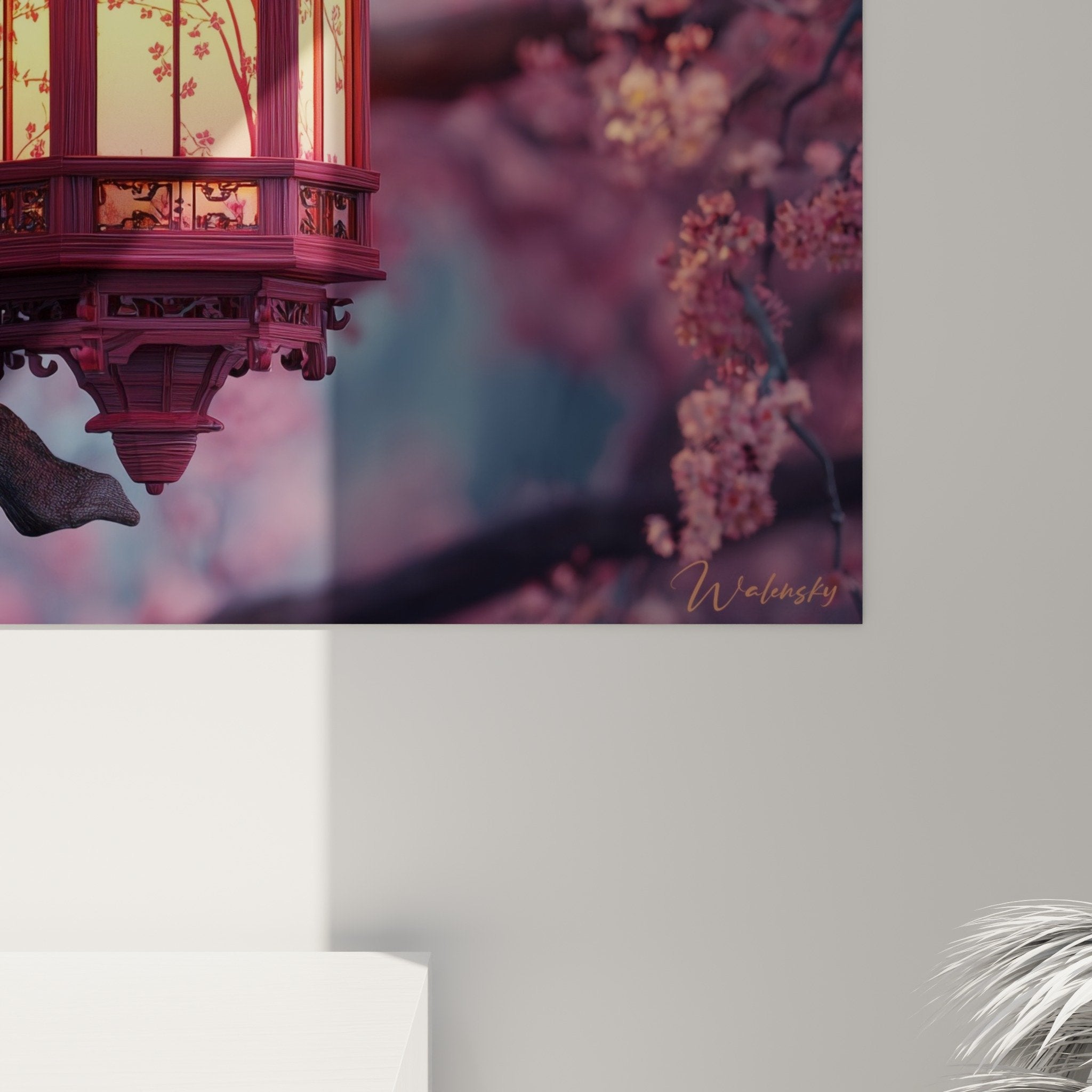 vue ensemble tableau lanterne cerisier salon decoration murale art japonais atmosphere feutree zen